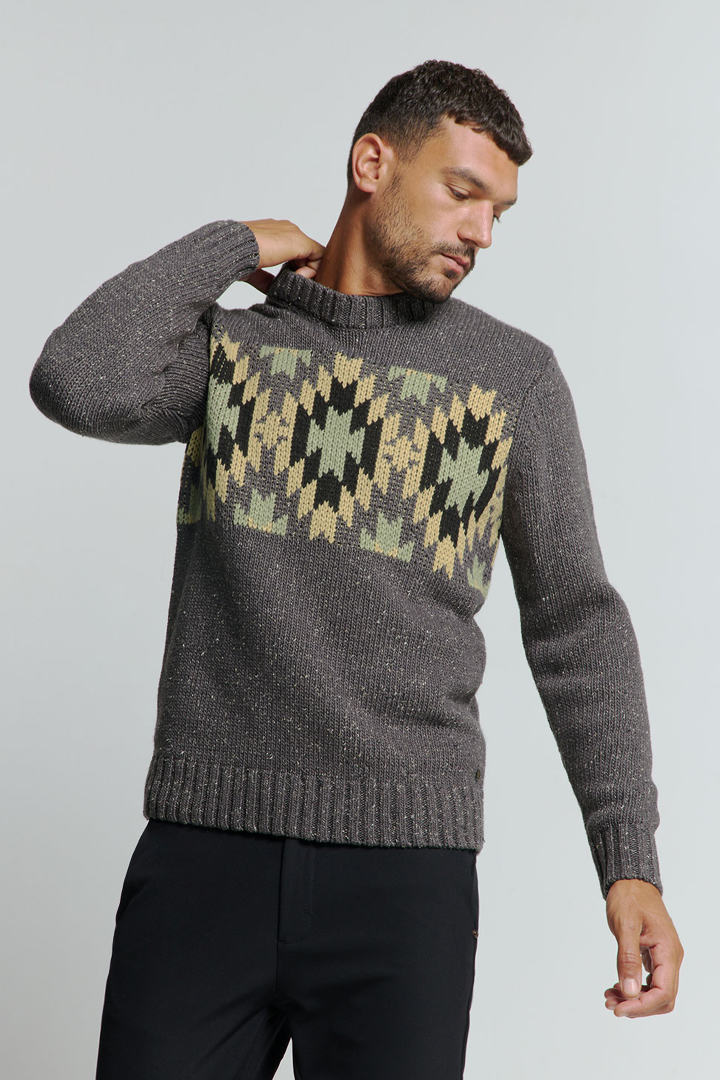 PULLOVER CREWNECK JACQUARD PATTERN WITH SILK DARK GREY 1