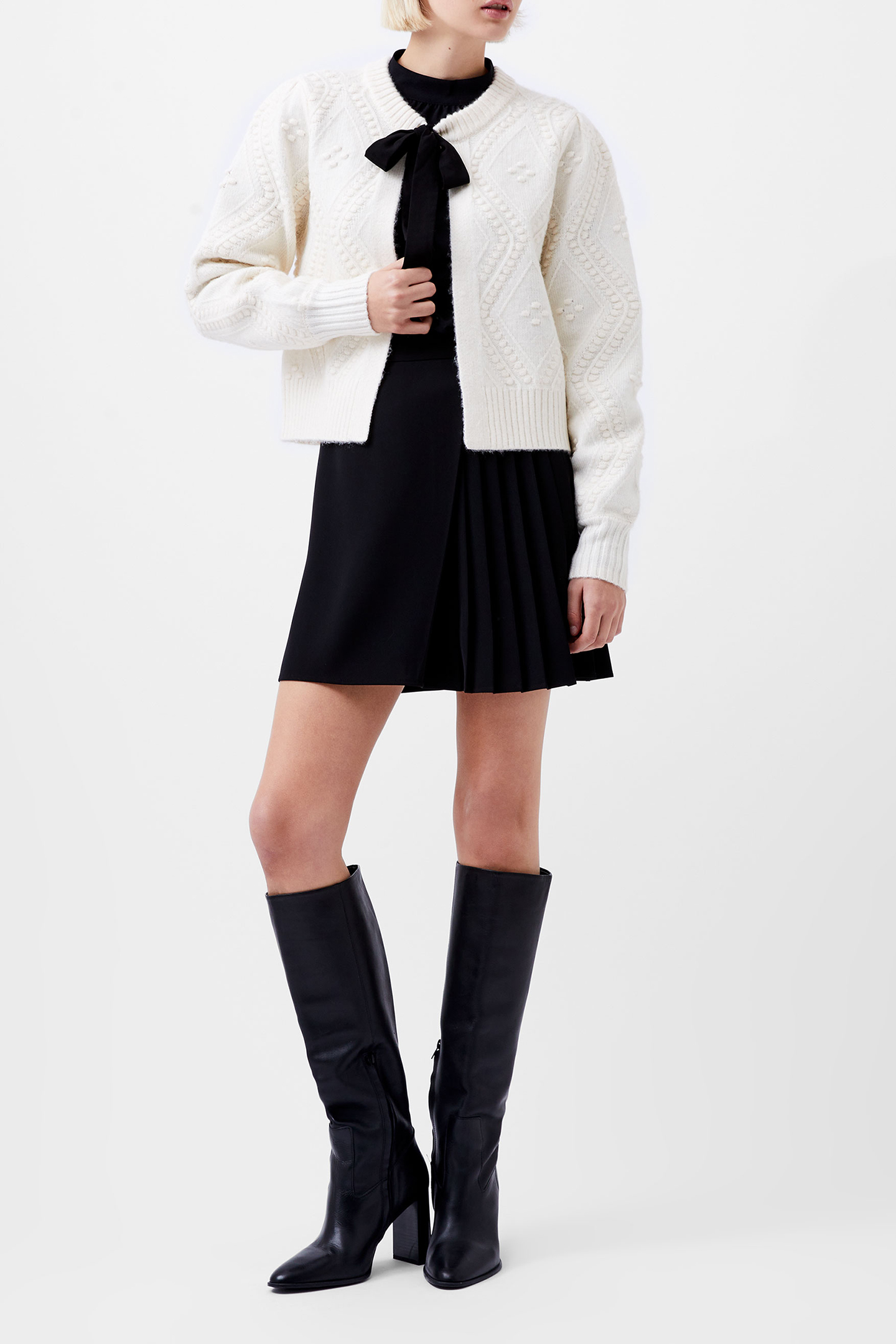 BOBBLE BOW CARDIGAN WINTER WHT/BLACK BOW 2