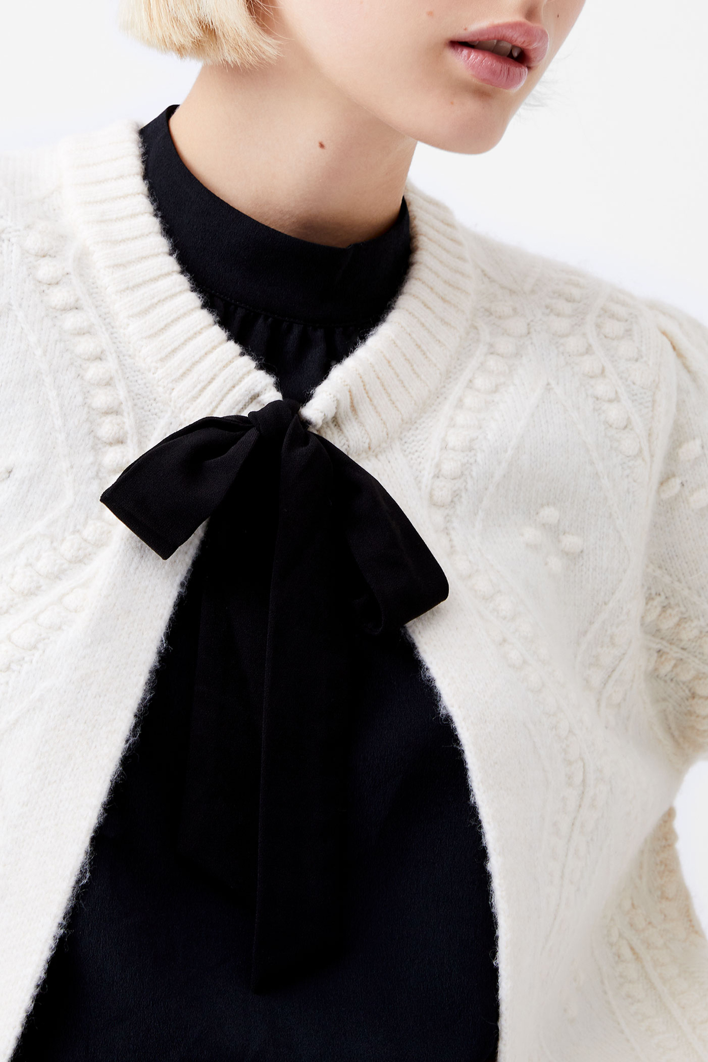 BOBBLE BOW CARDIGAN WINTER WHT/BLACK BOW 4
