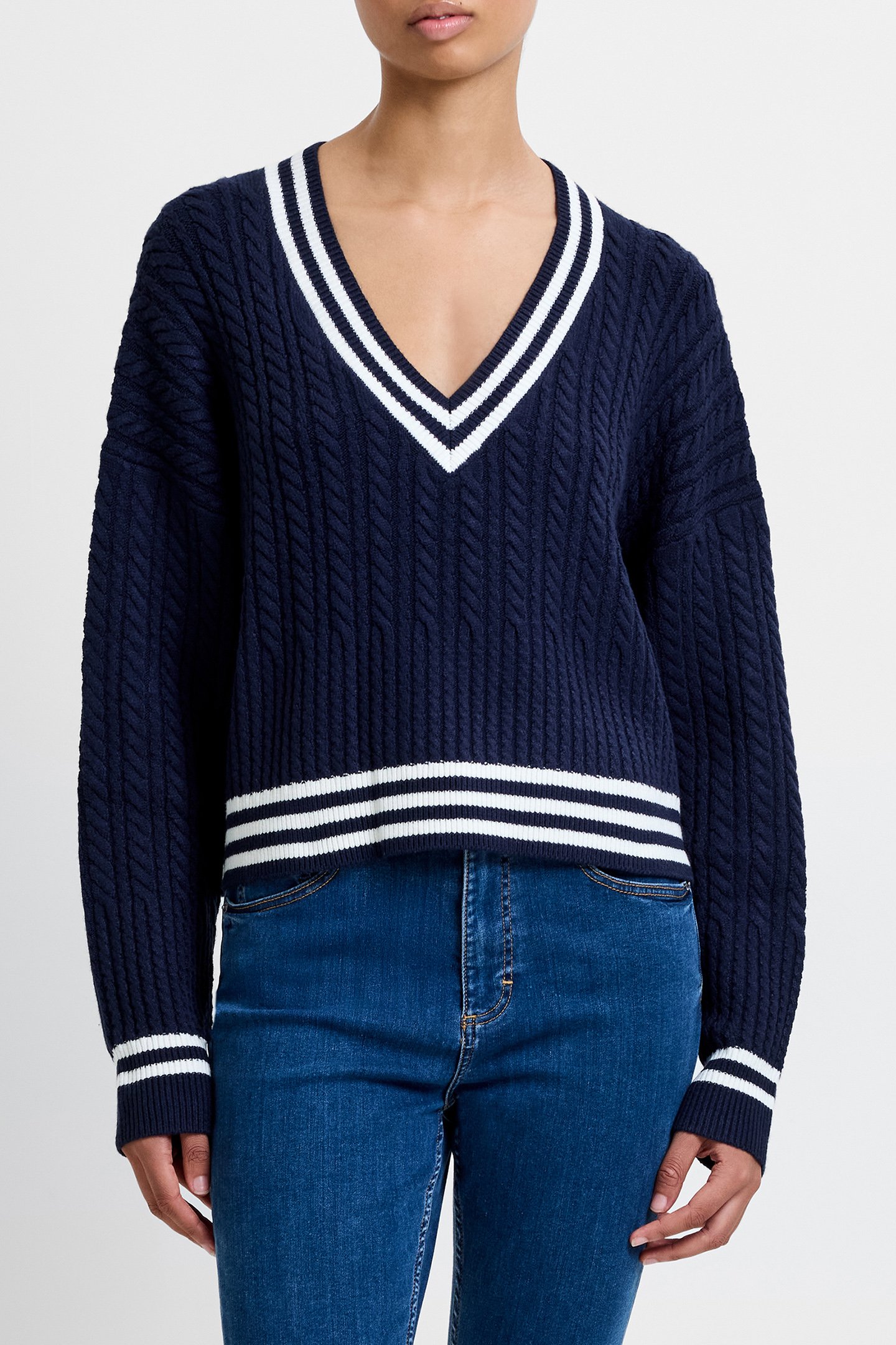 BABYSOFT CABLE V NECK JUMPER DUCHESS BLUE/WIN WHT 1