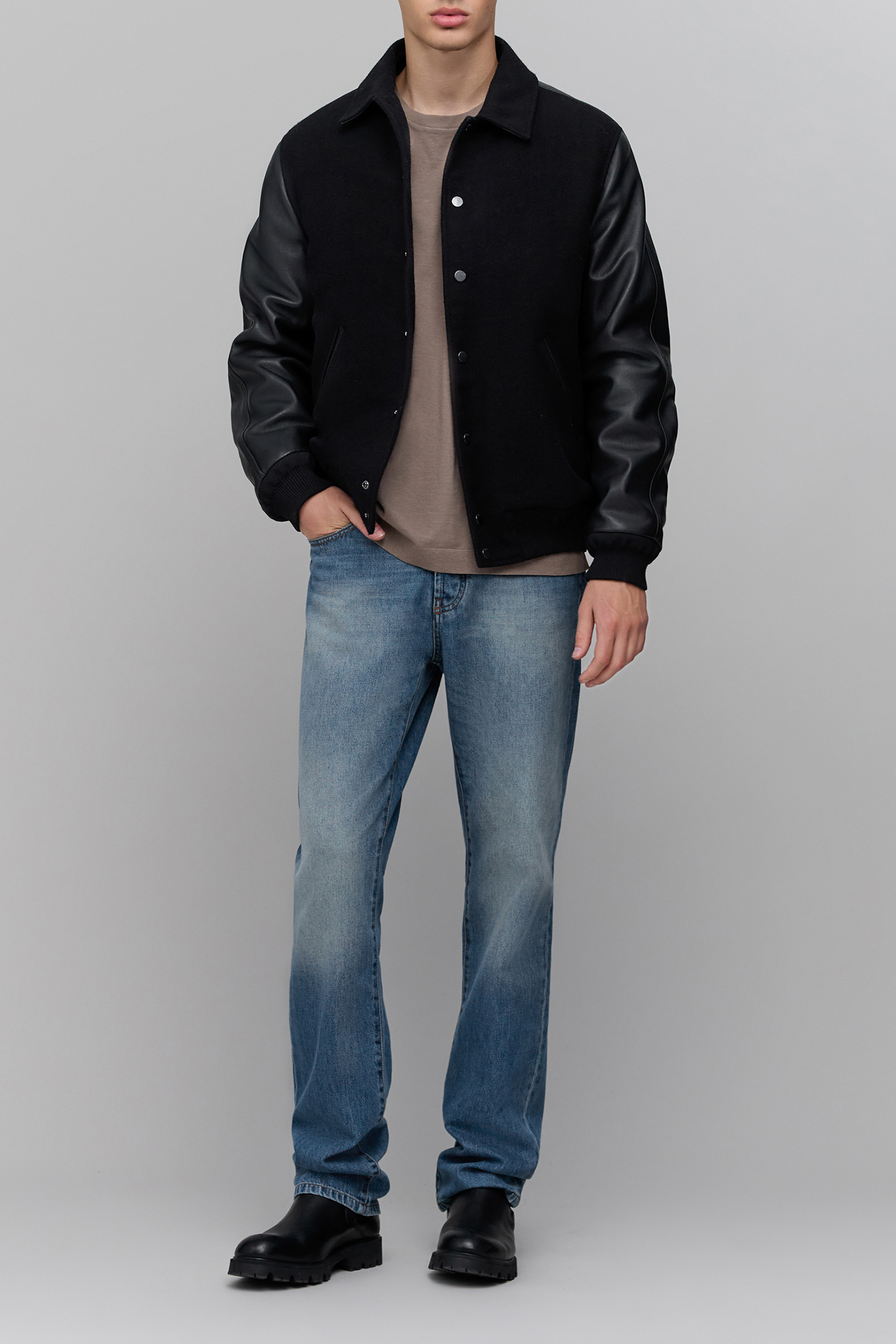 BLACK MIXED CHROME-FREE LEATHER VARSITY JACKET BLACK 3