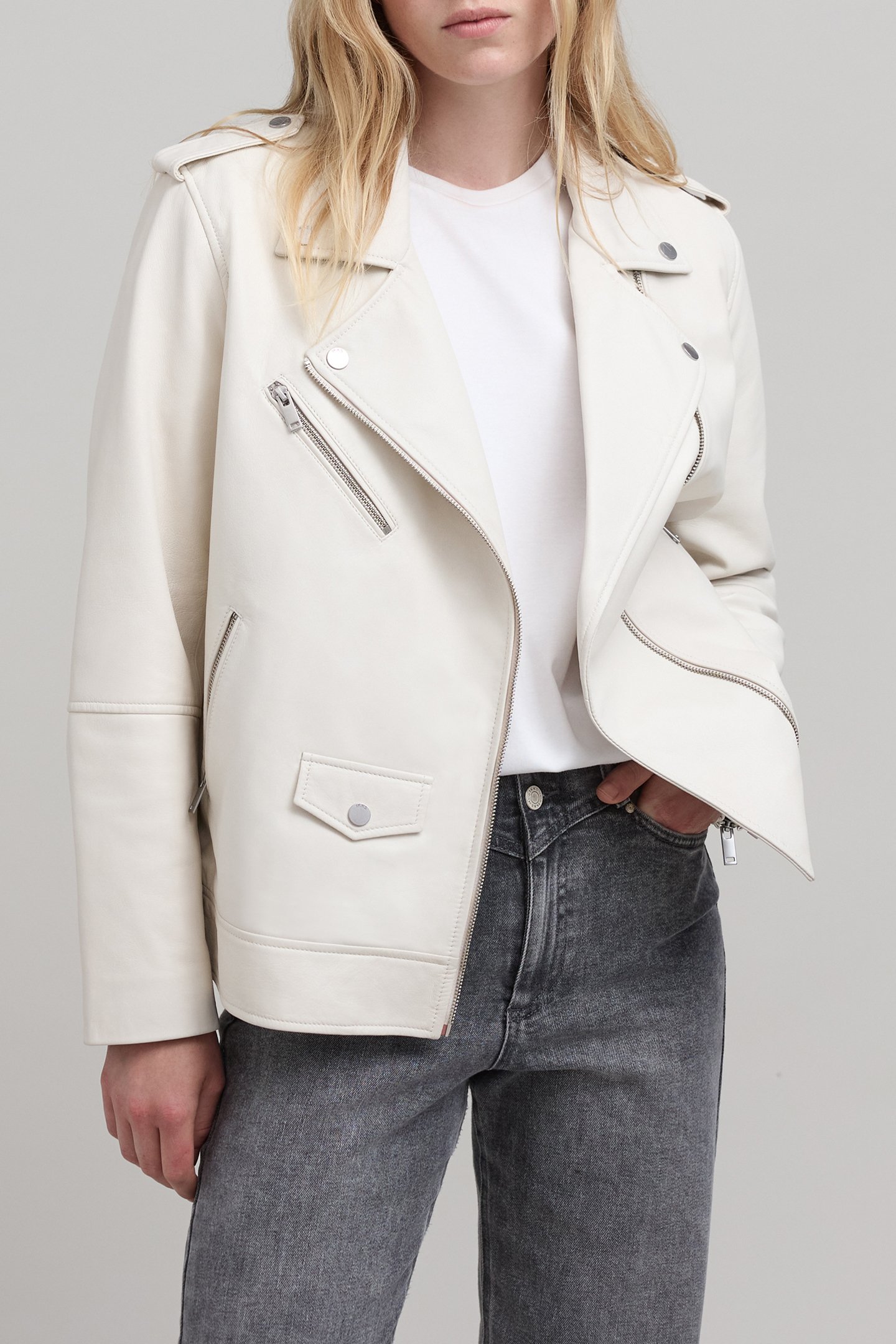 ECRU LEATHER BIKER JACKET WITH ZIPPED POCKETS OFF-WHITE 1