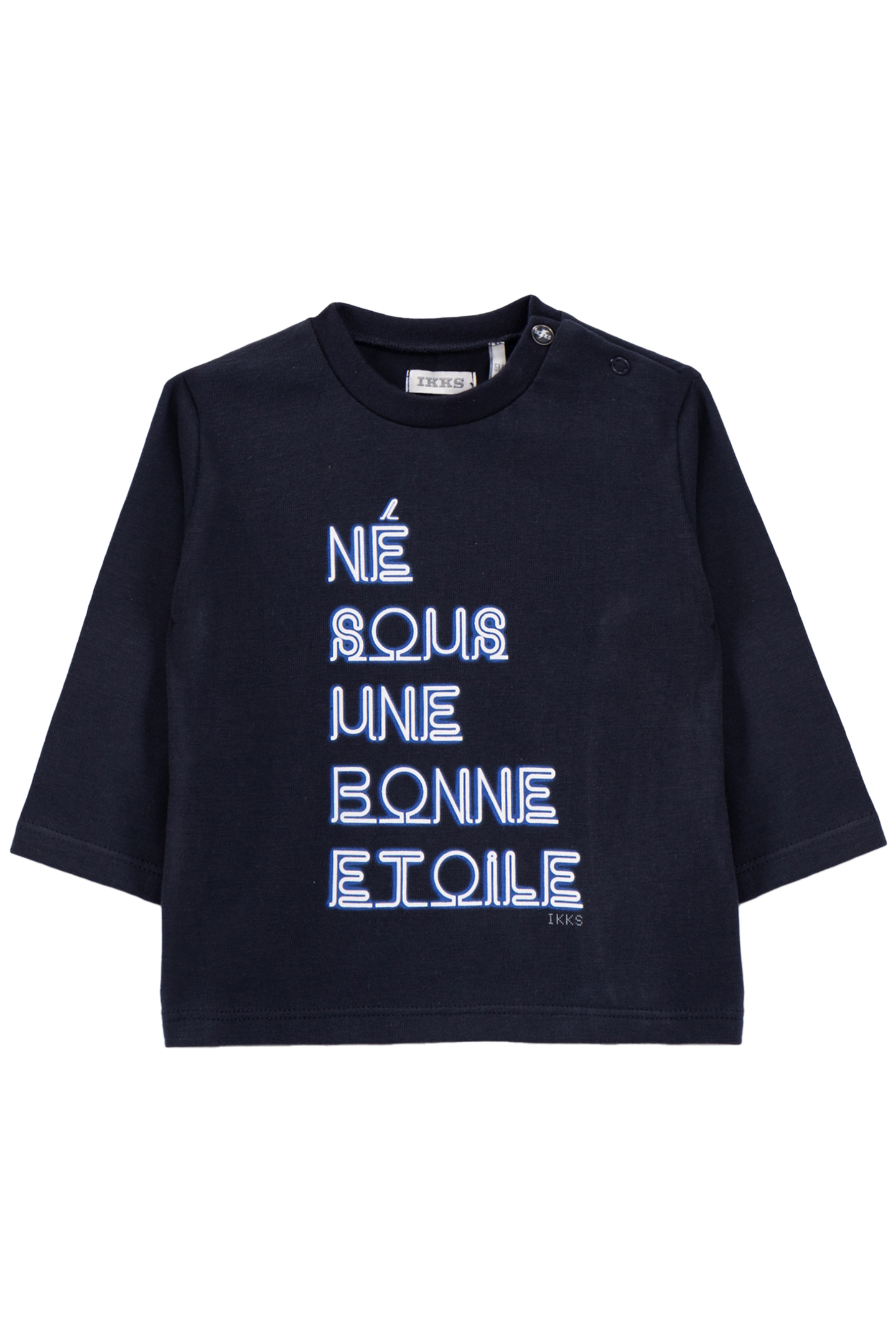 BABY BOY'S NAVY ORGANIC COTTON T-SHIRT, NEON LOOK SLOGAN 1