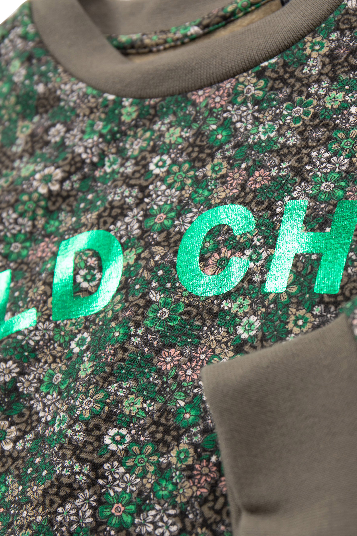 GIRL'S GREEN FLORAL-LEOPARD SWEATSHIRT, METALLIC SLOGAN 6