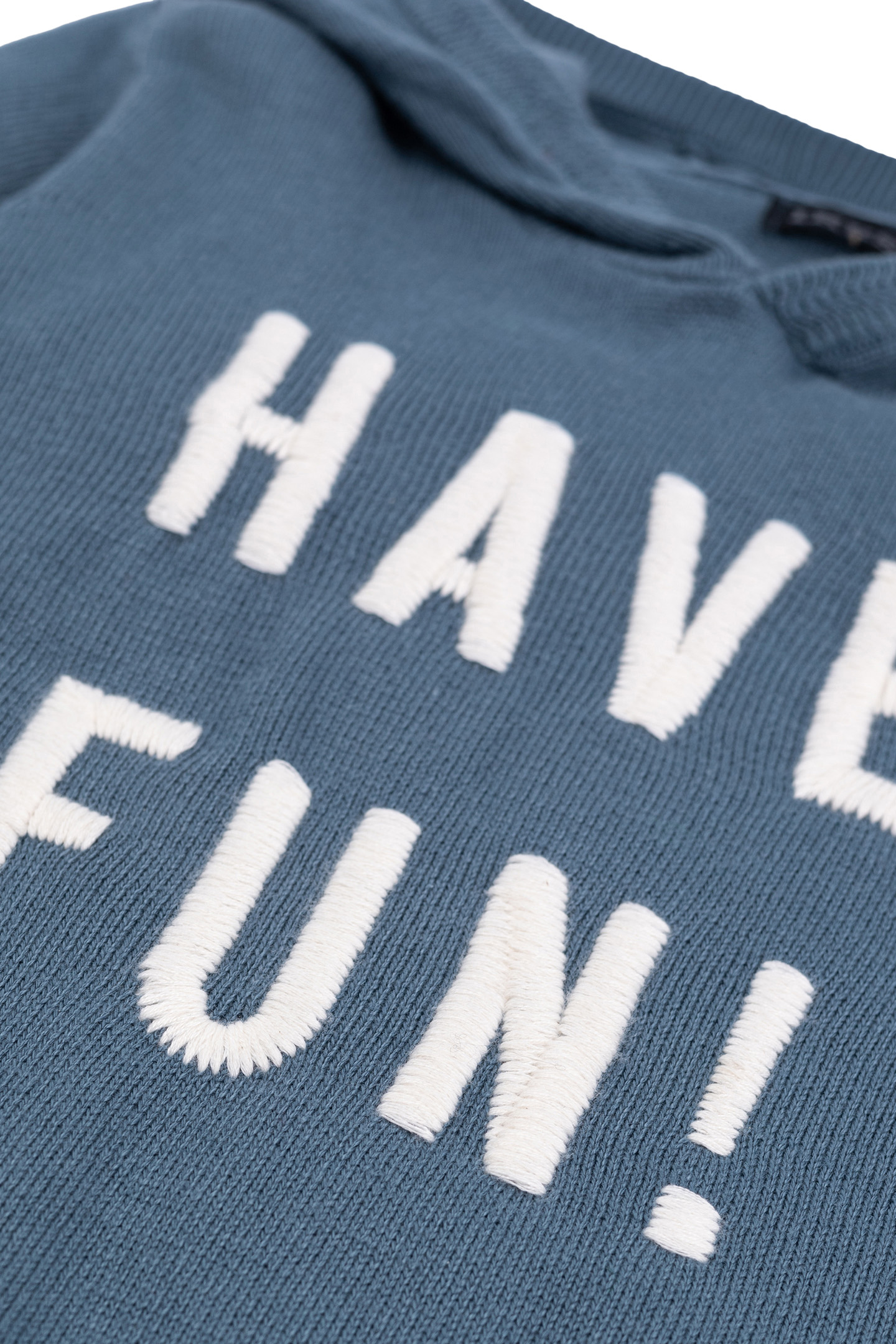 BOY'S BLUE KNITTED HOODIE WITH EMBROIDERED MESSAGE 4