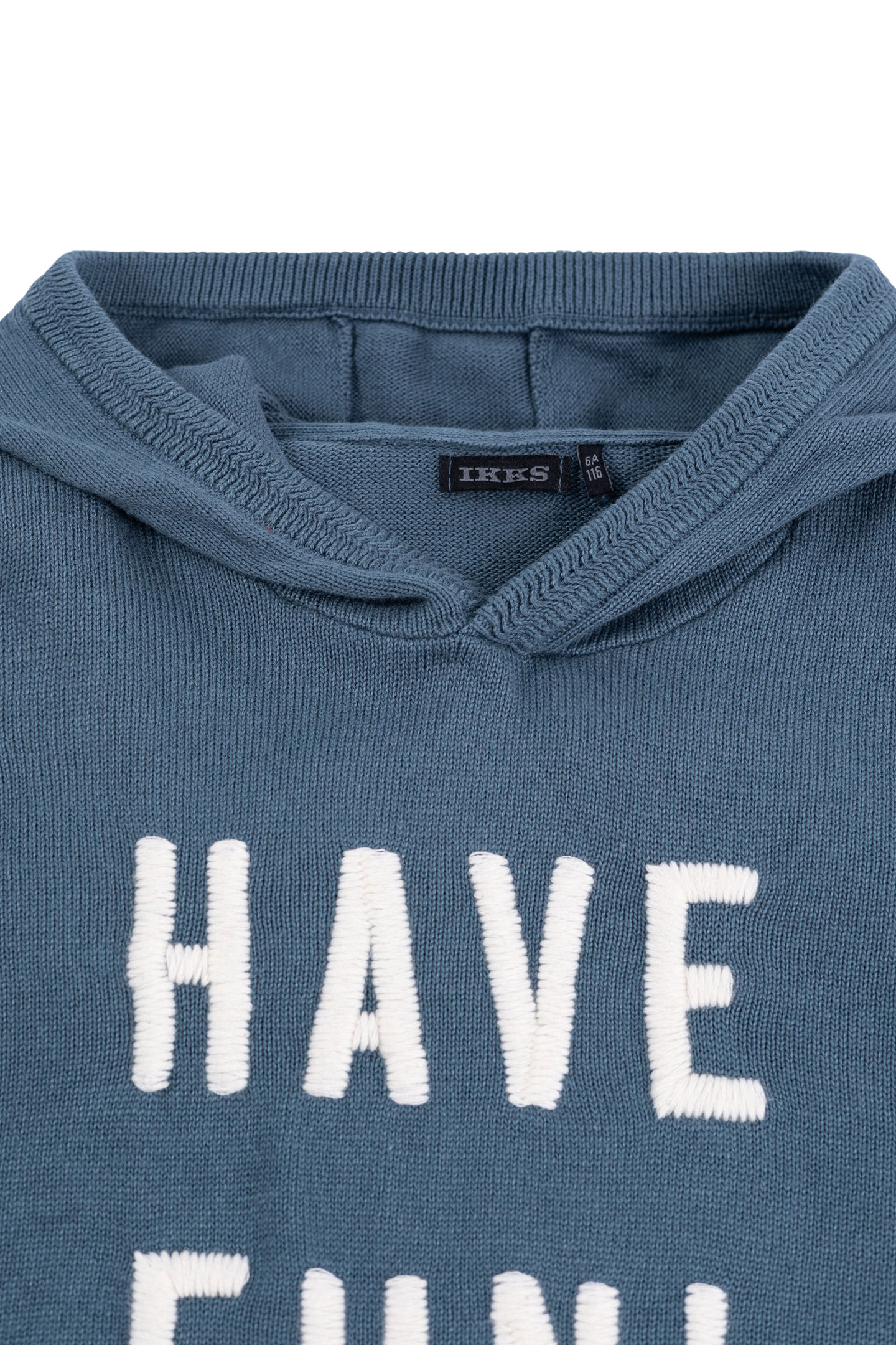 BOY'S BLUE KNITTED HOODIE WITH EMBROIDERED MESSAGE 5