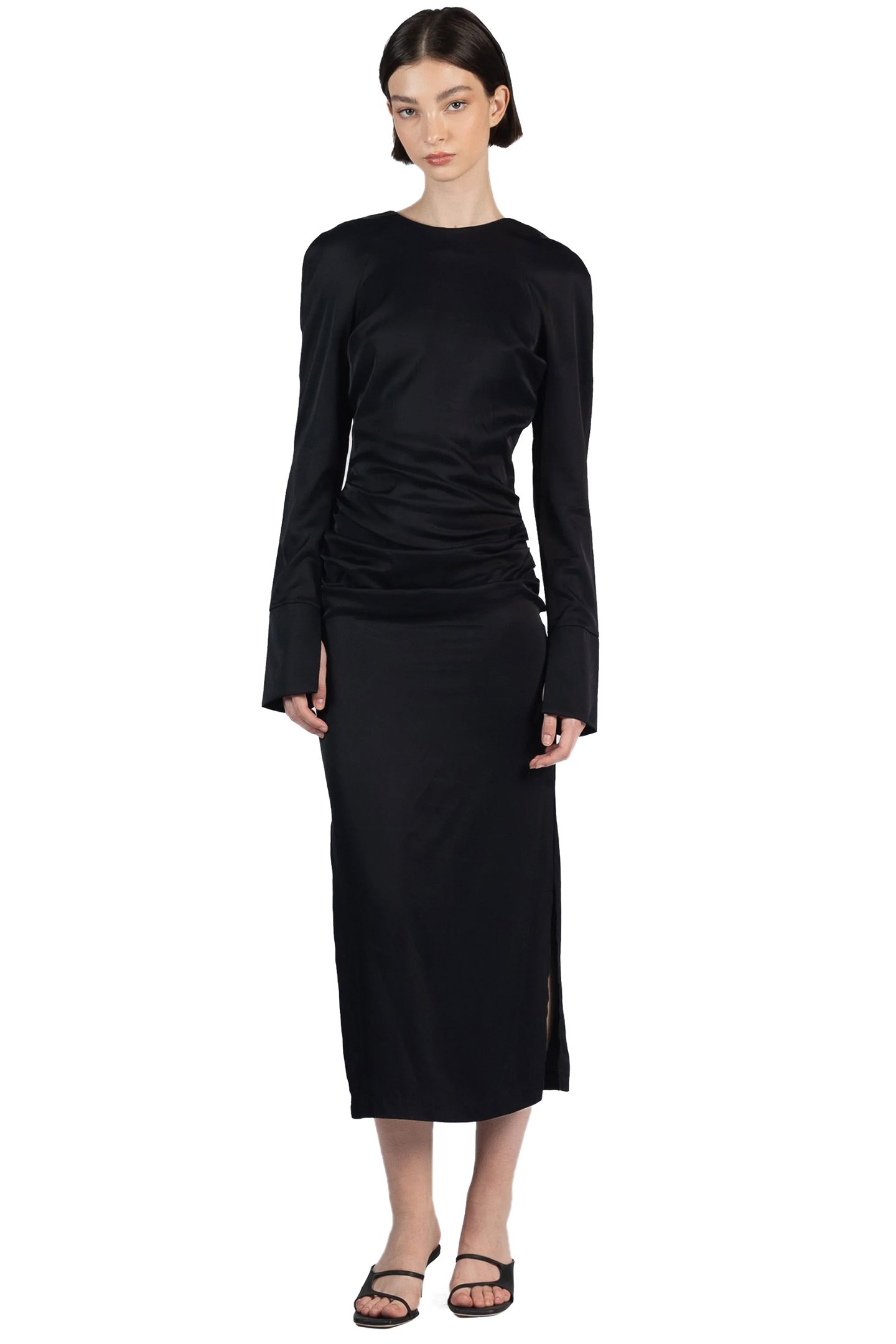 GATHERED LONG SLEEVE DRESS BLACK 1