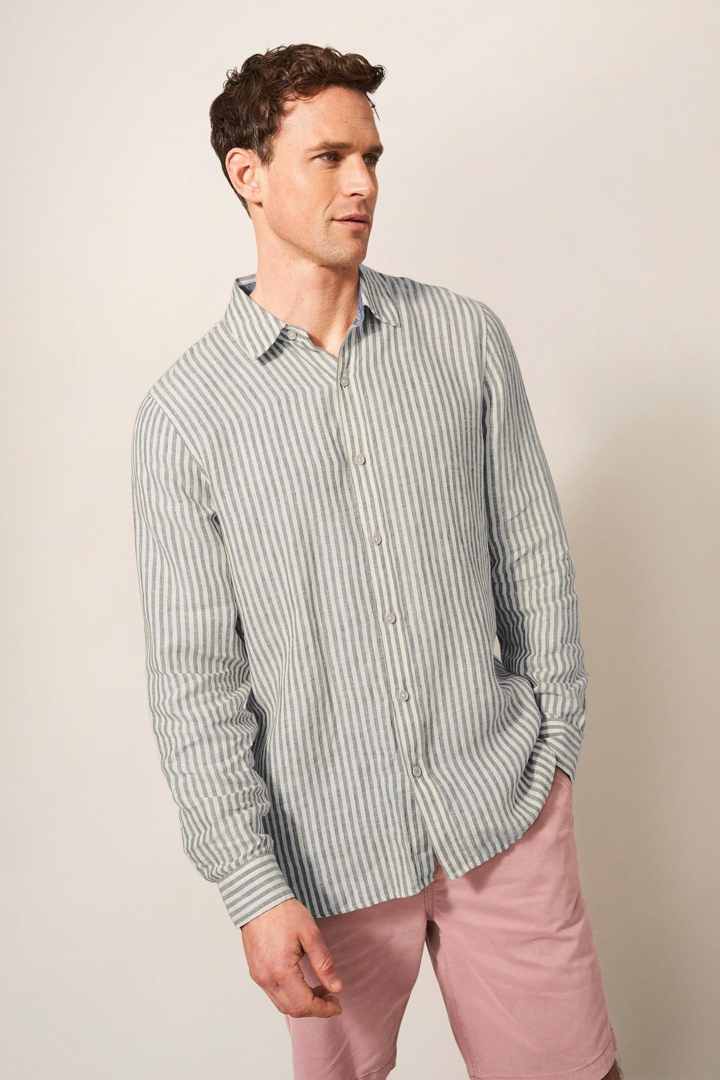 PEMBROKE LS STRIPE LINEN SHIRT KHAKI GREEN 2