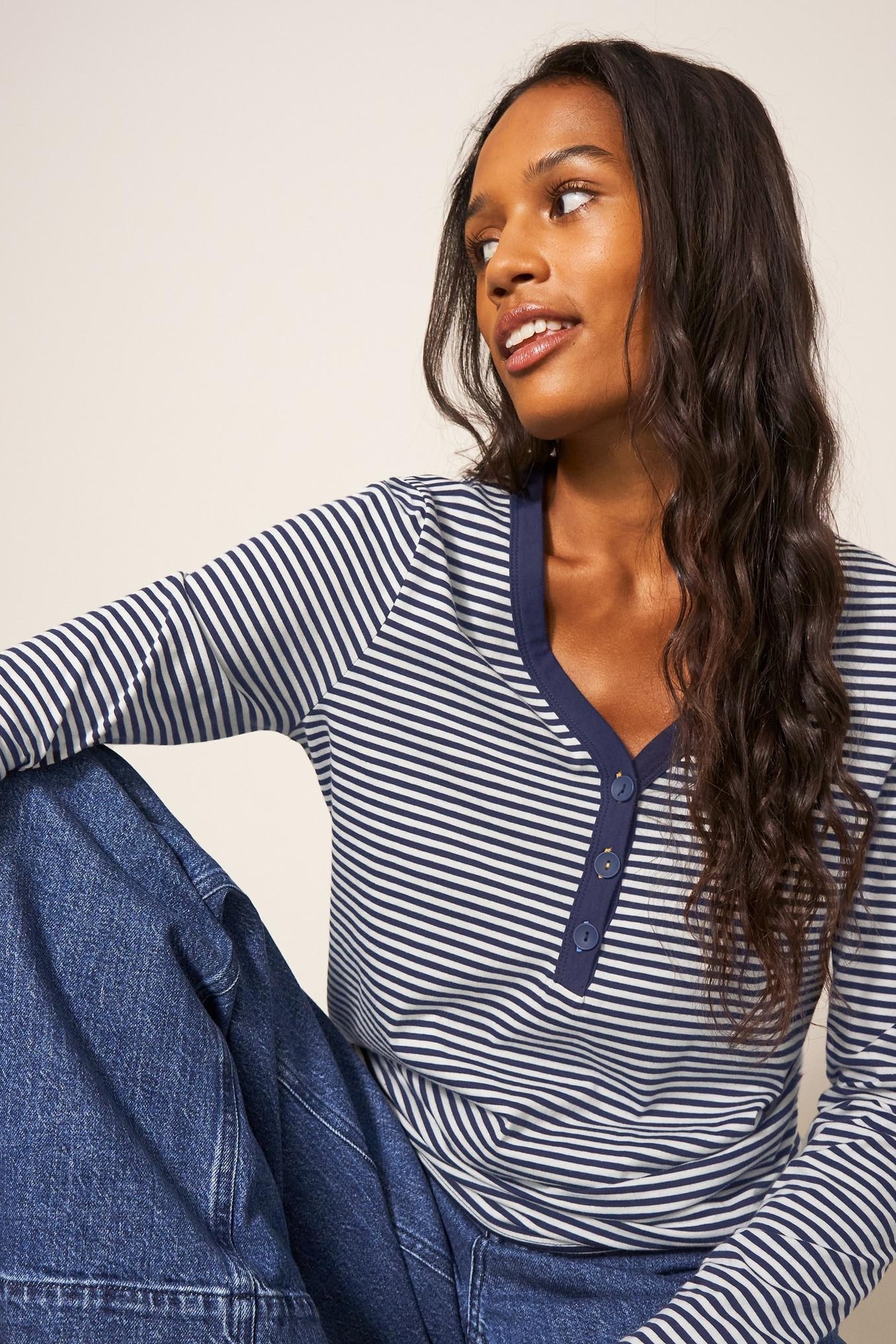 FLORA V NECK HENLEY TOP IVORY MULTI 3