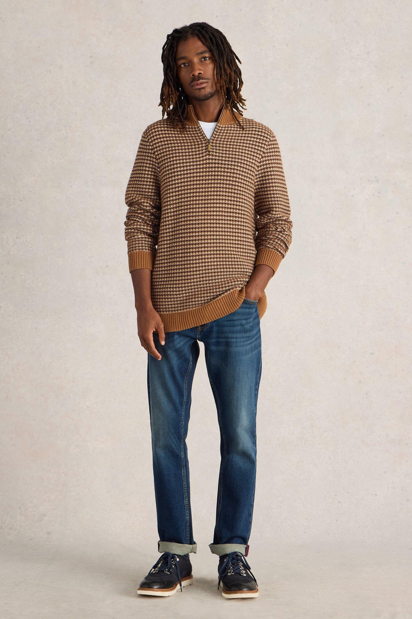 TUCK STITCH FUNNEL NECK TAN MULTI 4