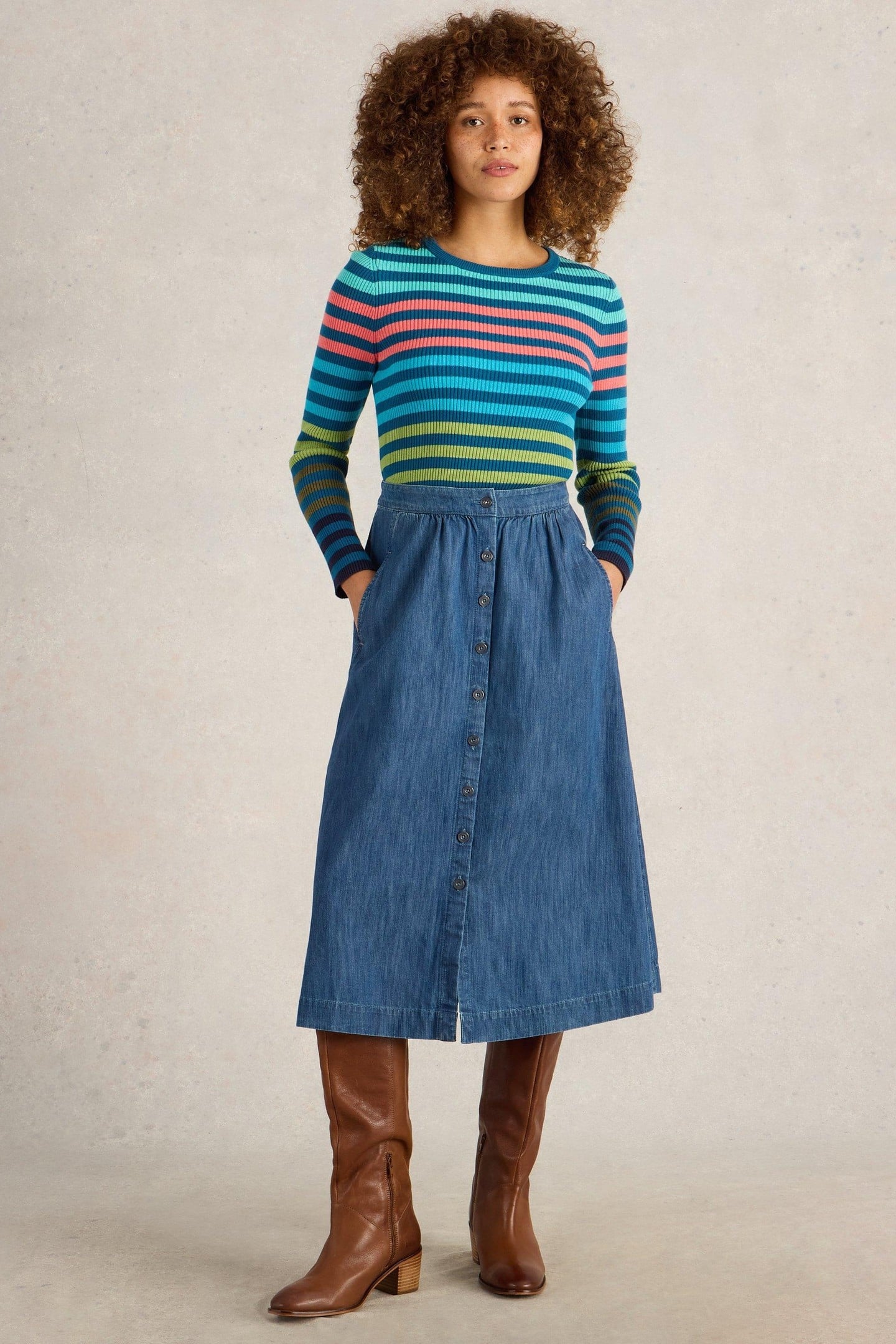 HEATHER DENIM MIDI SKIRT MID DENIM 1