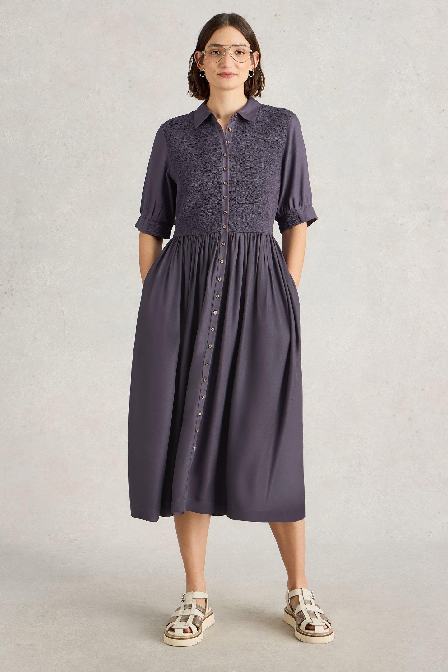 VALERIA SHIRRED DRESS MID PURPLE 1