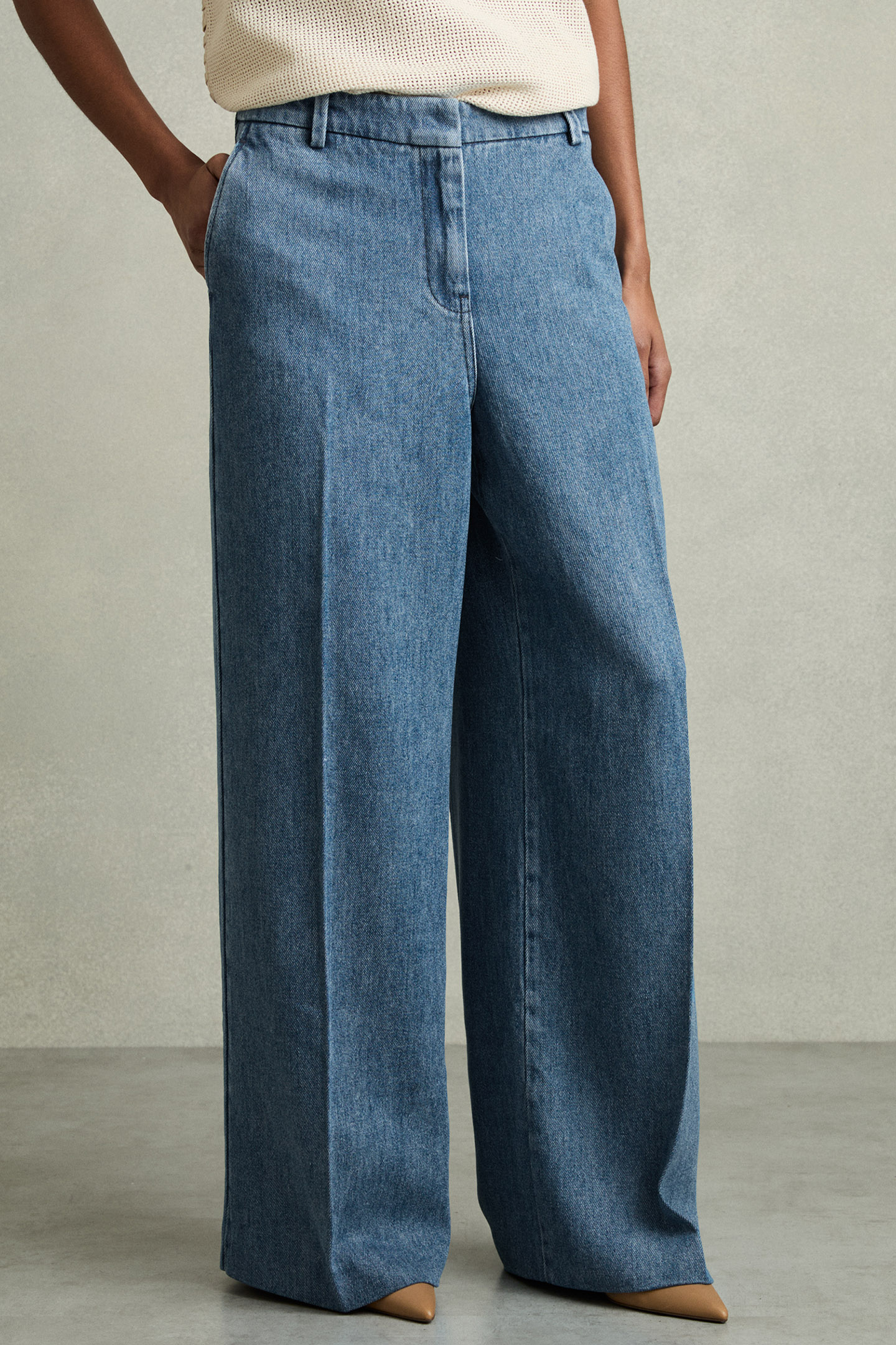 DENIM LOOK WIDE LEG TROUSER MID BLUE 1