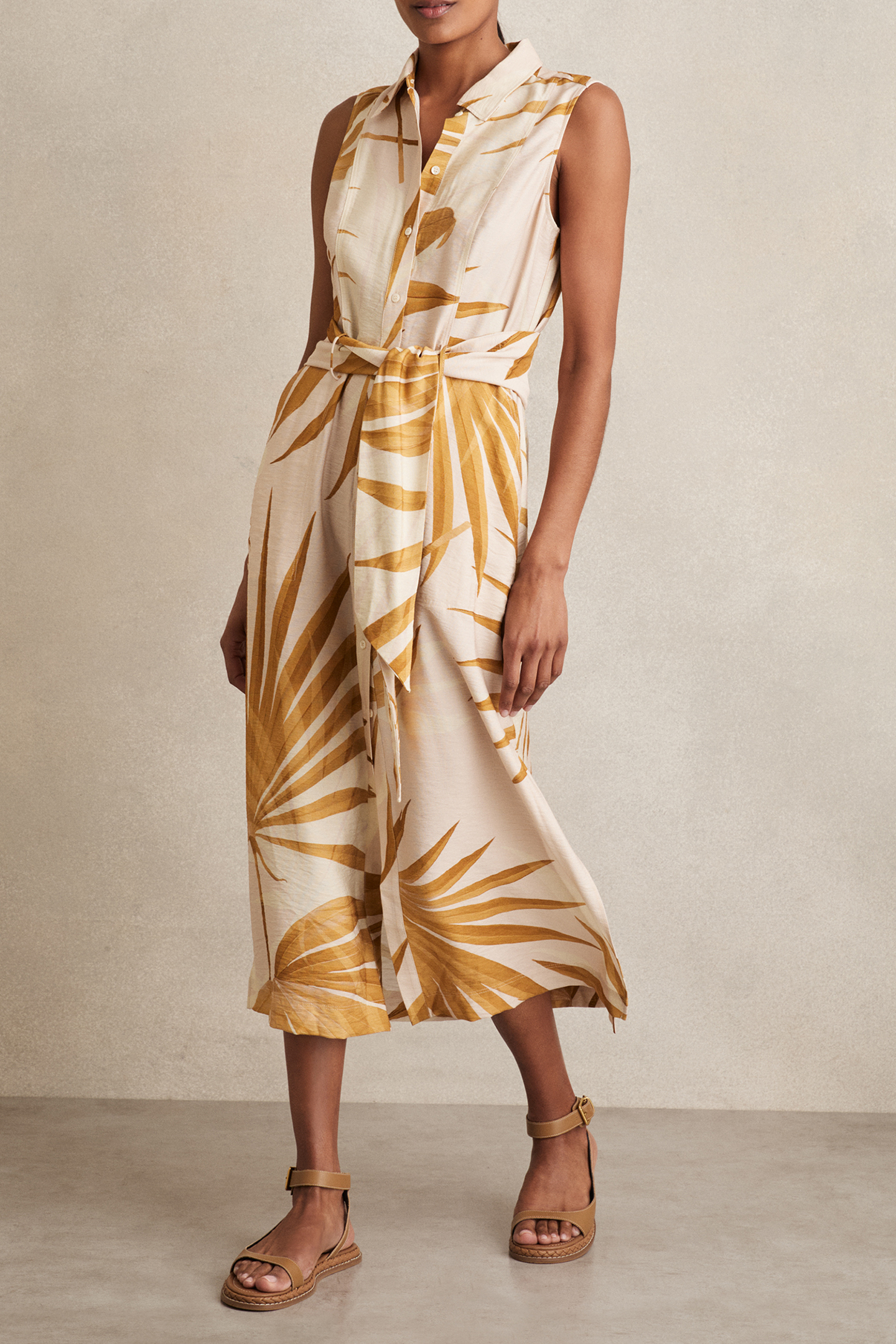 PALM PRINT SLEEVELESS SHIRT DRESS NEUTRAL 1