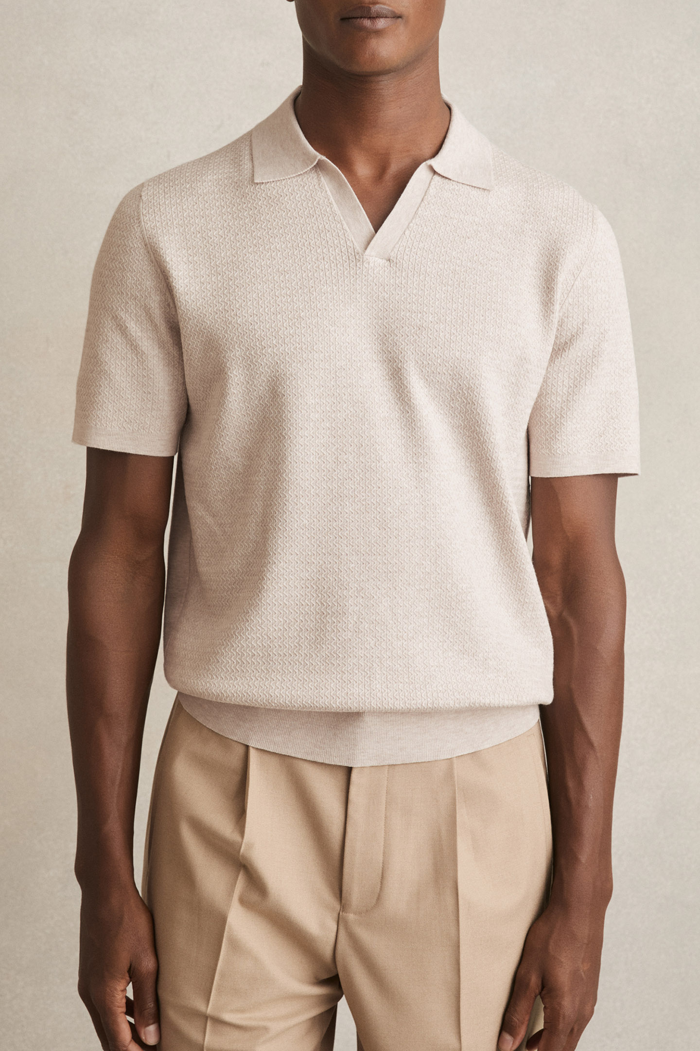 SS OPEN COLLAR SOFT TEXTURED POLO OATMEAL MELANGE 1