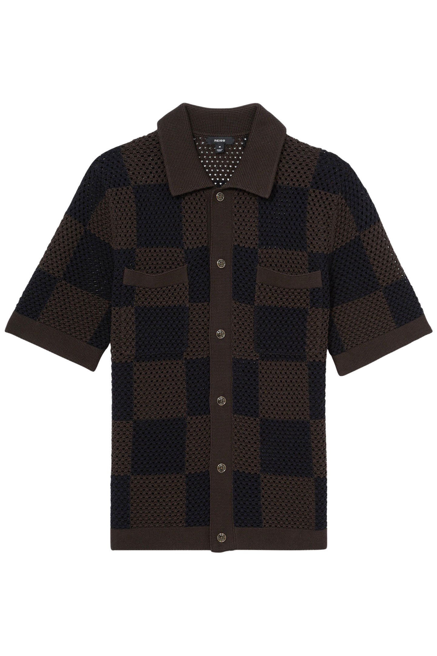 SS BUTTON THROUGH CHECKERBOARD CROCHET SHIRT CHOCOLATE/NAVY 3