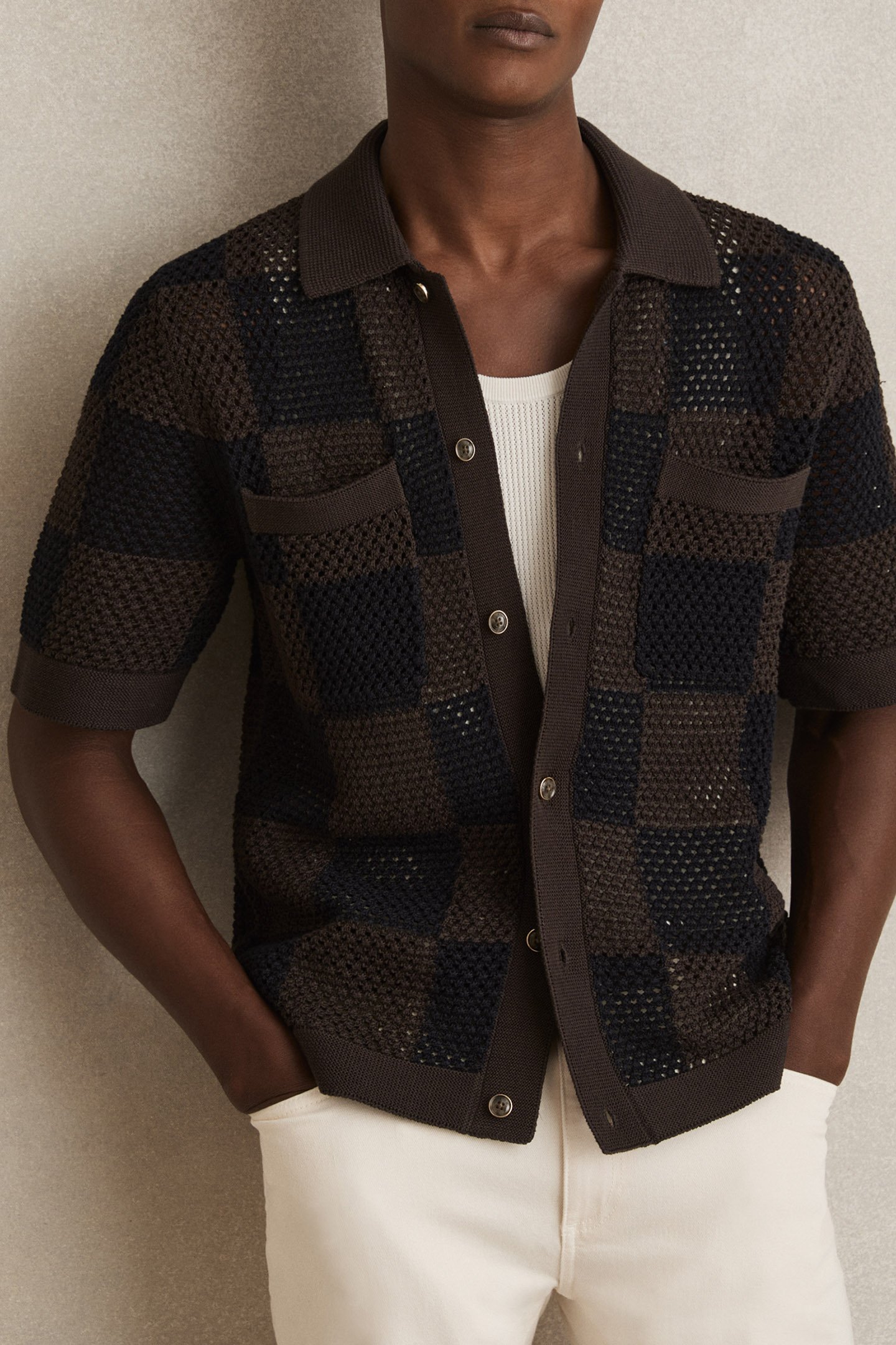 SS BUTTON THROUGH CHECKERBOARD CROCHET SHIRT CHOCOLATE/NAVY 4