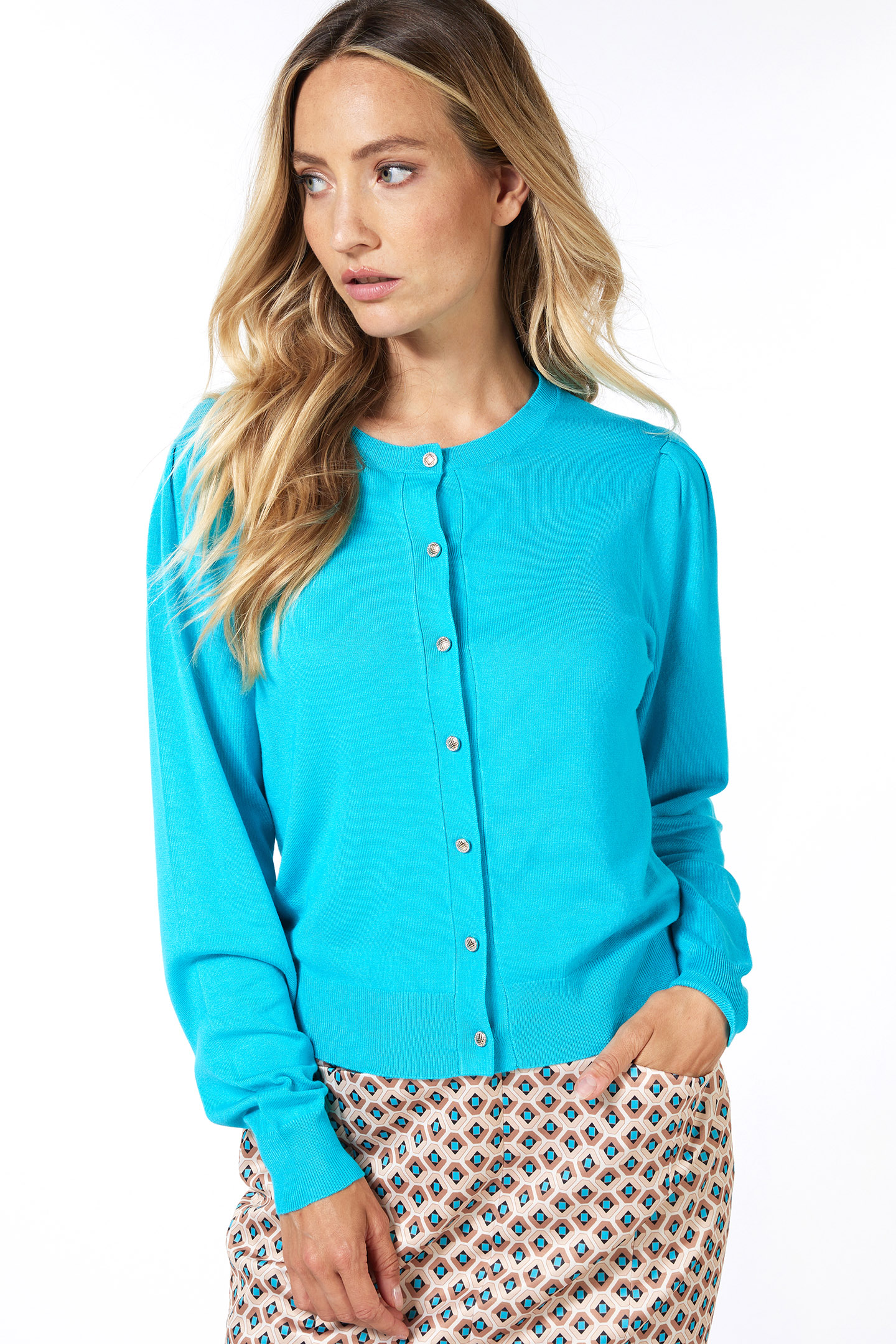 CARDIGAN PUFF SLVE BASIC KNIT PEACOCK BLUE by Esqualo