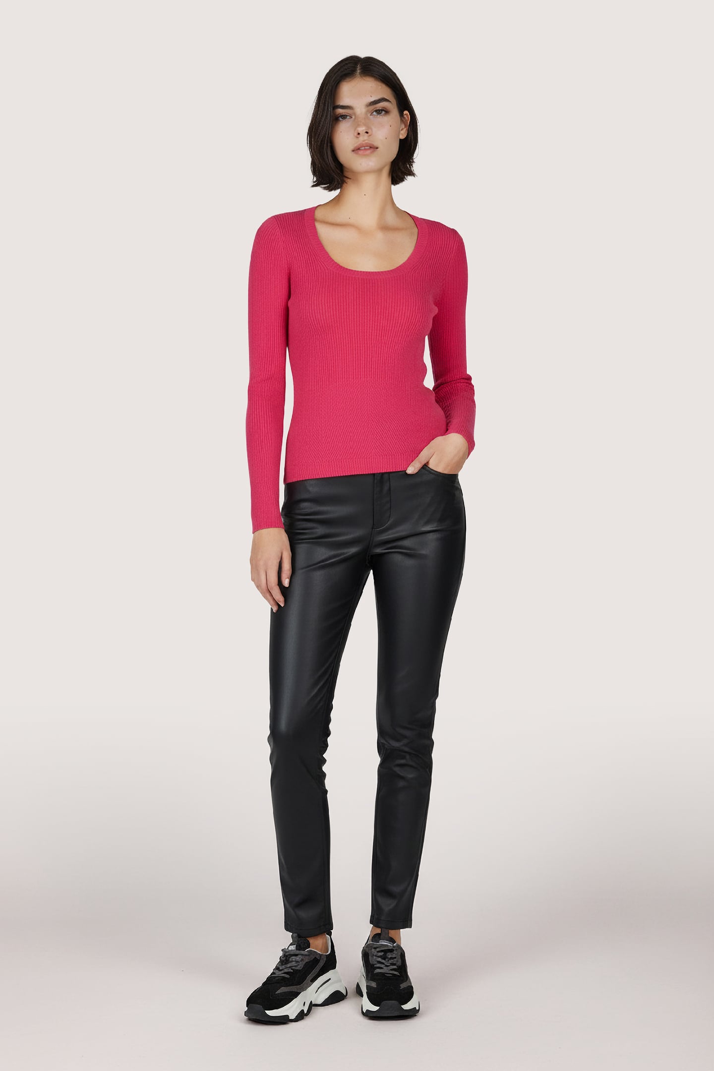 SWEATER DEEP ROUND NECK RIB FUCHSIA 2
