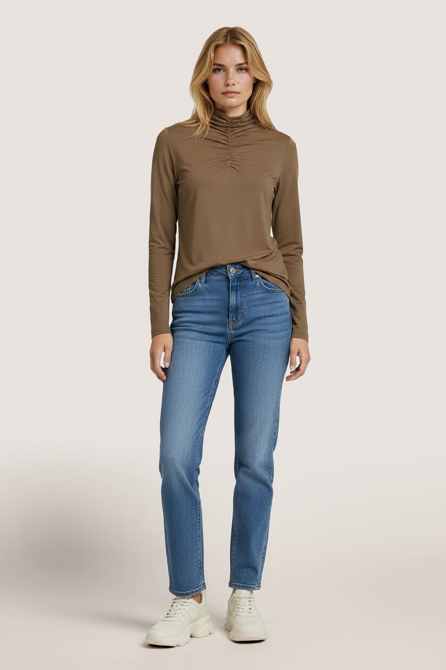 TOP SMOCKED NECKLINE SOLID SJ ARMY GREEN 1