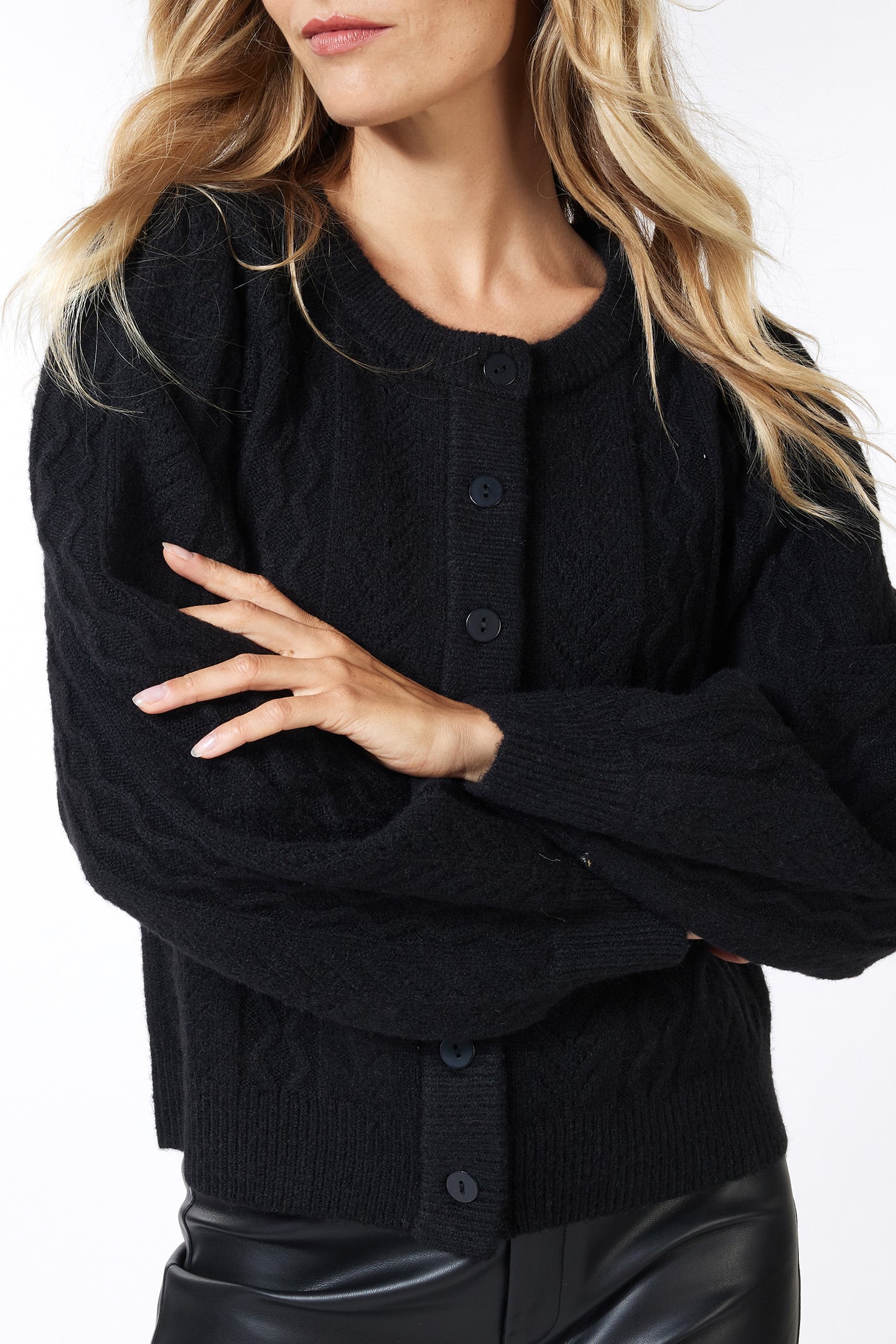 CARDIGAN PUFF SLVE CABLE & AJOUR BLACK 4