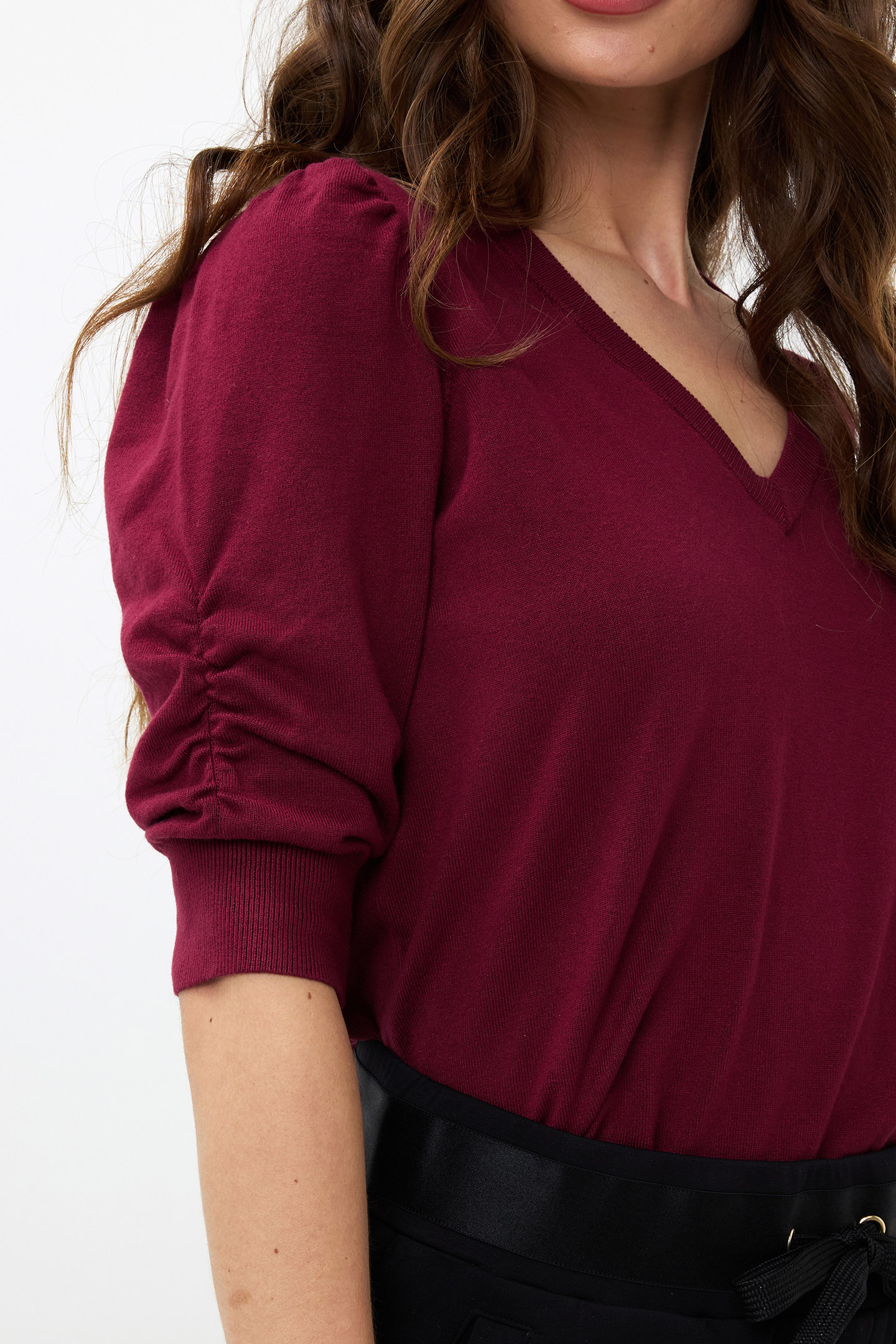 SWEATER SHORT PUFF SLVE BASIC KNIT WINE RED 6