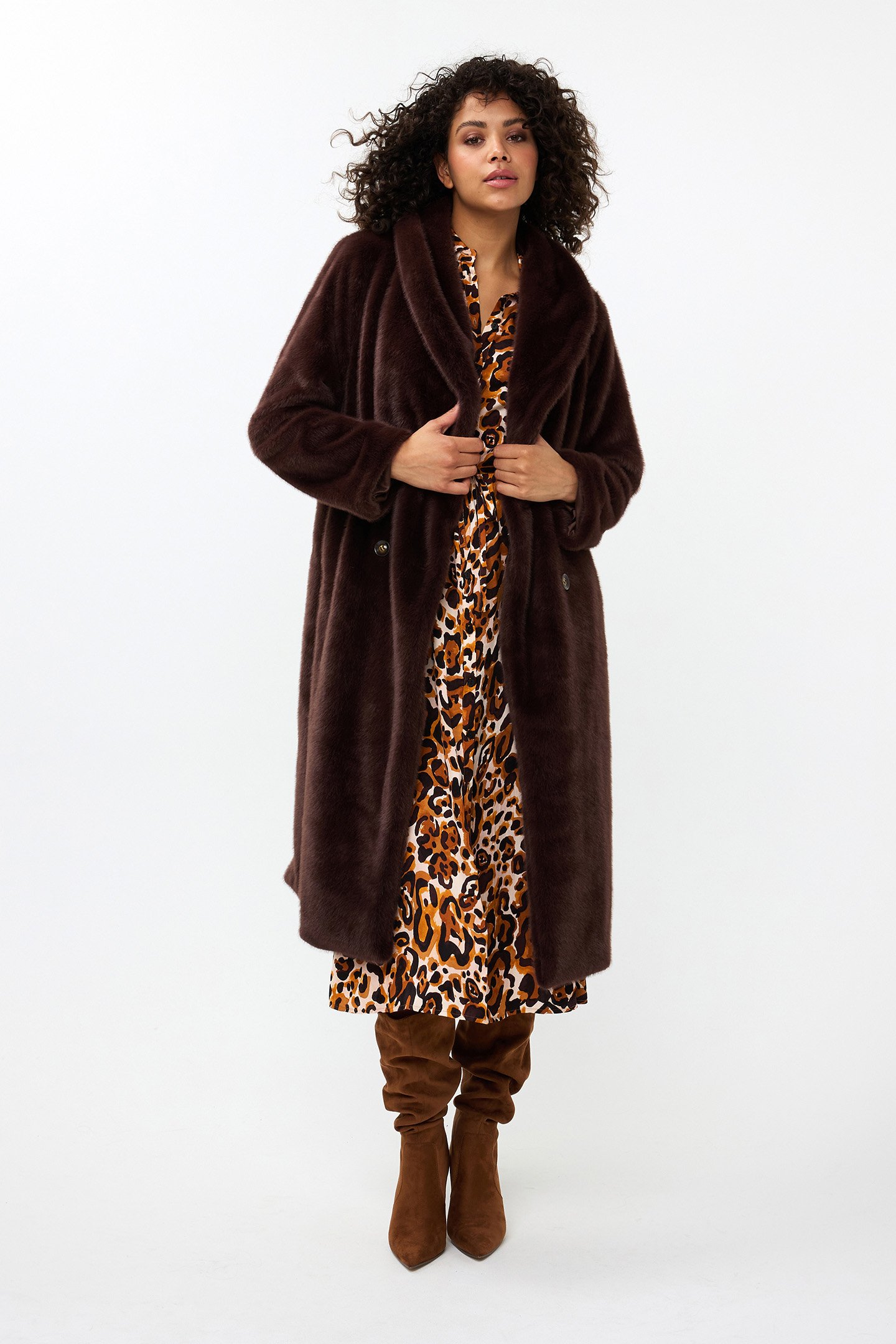 COAT SHAWL COLLAR FAKE FUR CHOCOLATE 1