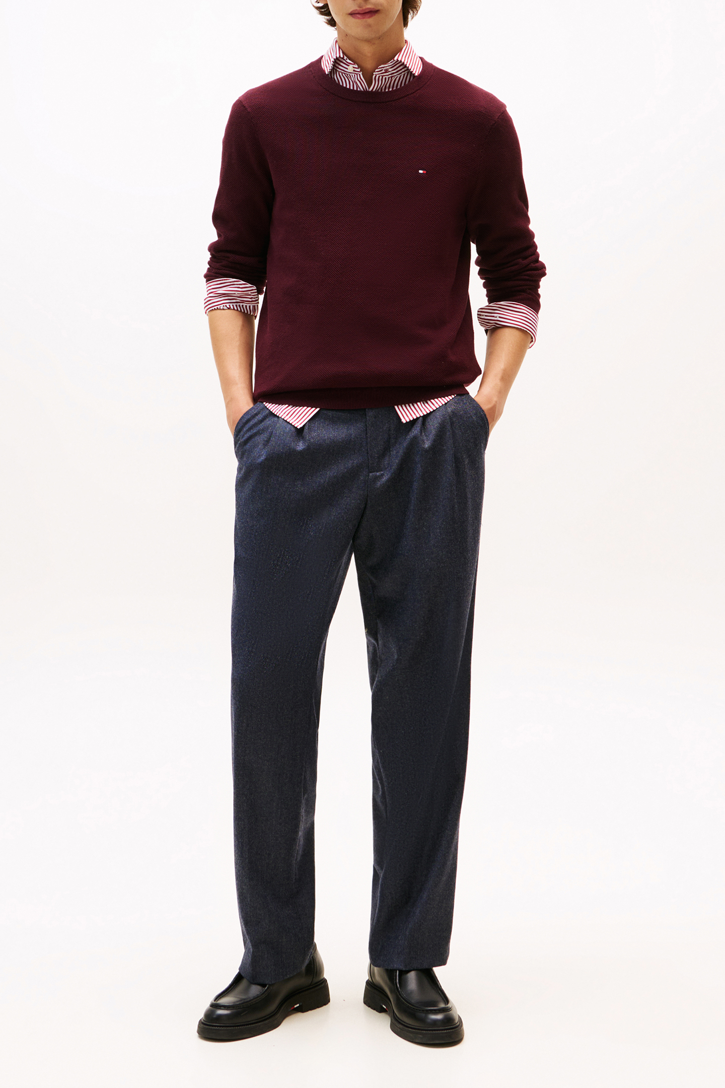 FLAG EMBROIDERY TEXTURED CREW NECK JUMPER DEEP BURGUNDY 1