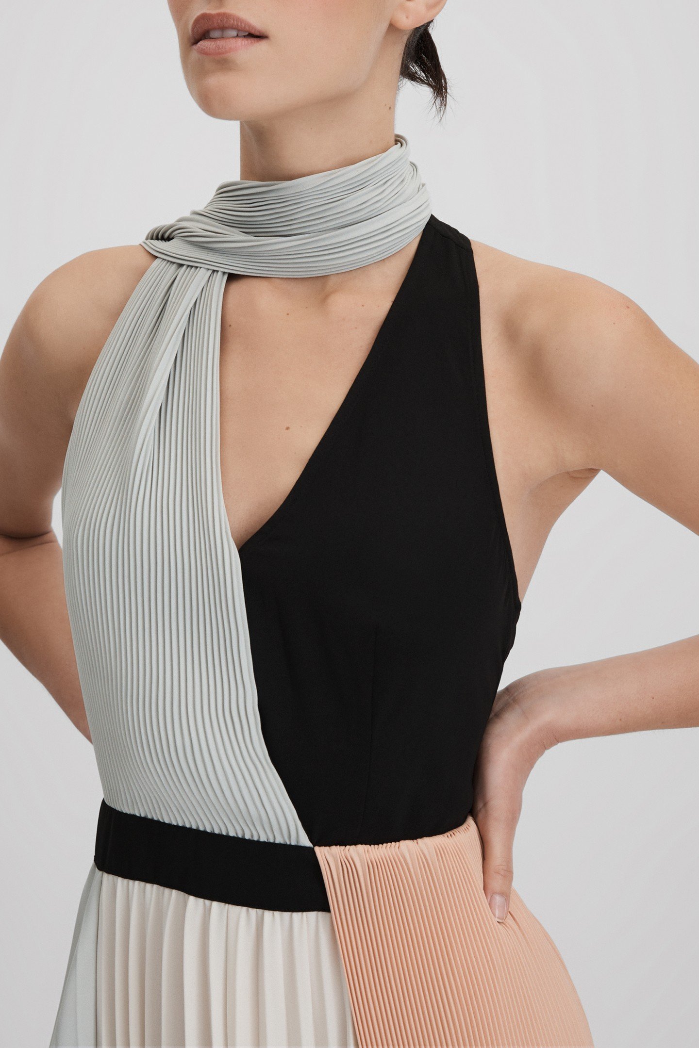 COLOUR BLOCK PLEATED MIDI DRESS PINK/CREAM 3