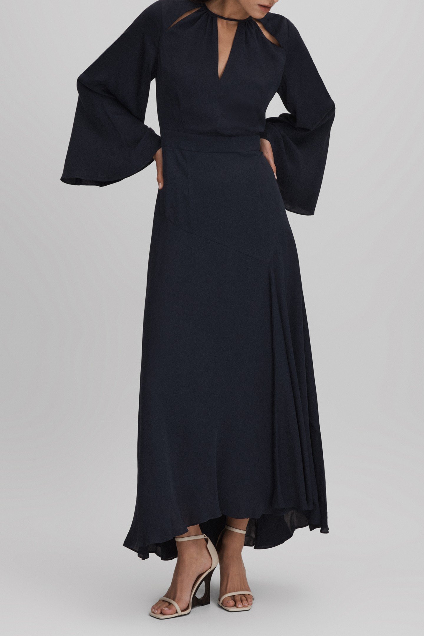 FLUTED SLEEVE MIDI DRESS NAVY 1