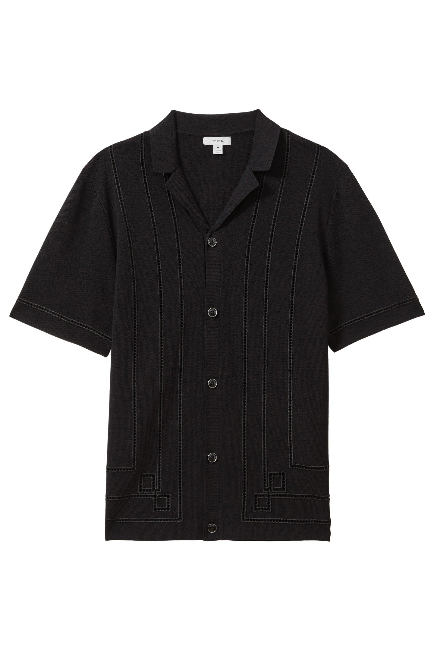 SHORTSLEEVE EMBROIDERED FRAME DETAIL CUBAN SHIRT BLACK 1