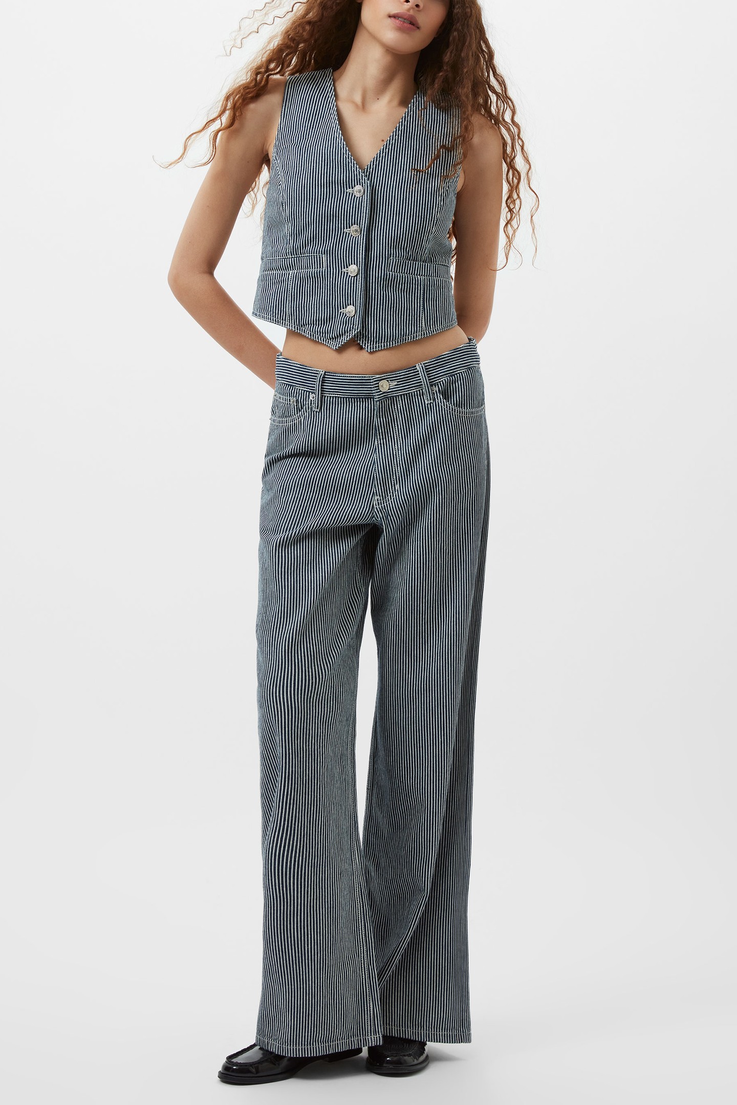 EVERETT STRIPE WAISTCOAT INDIGO/WHITE DENIM 1