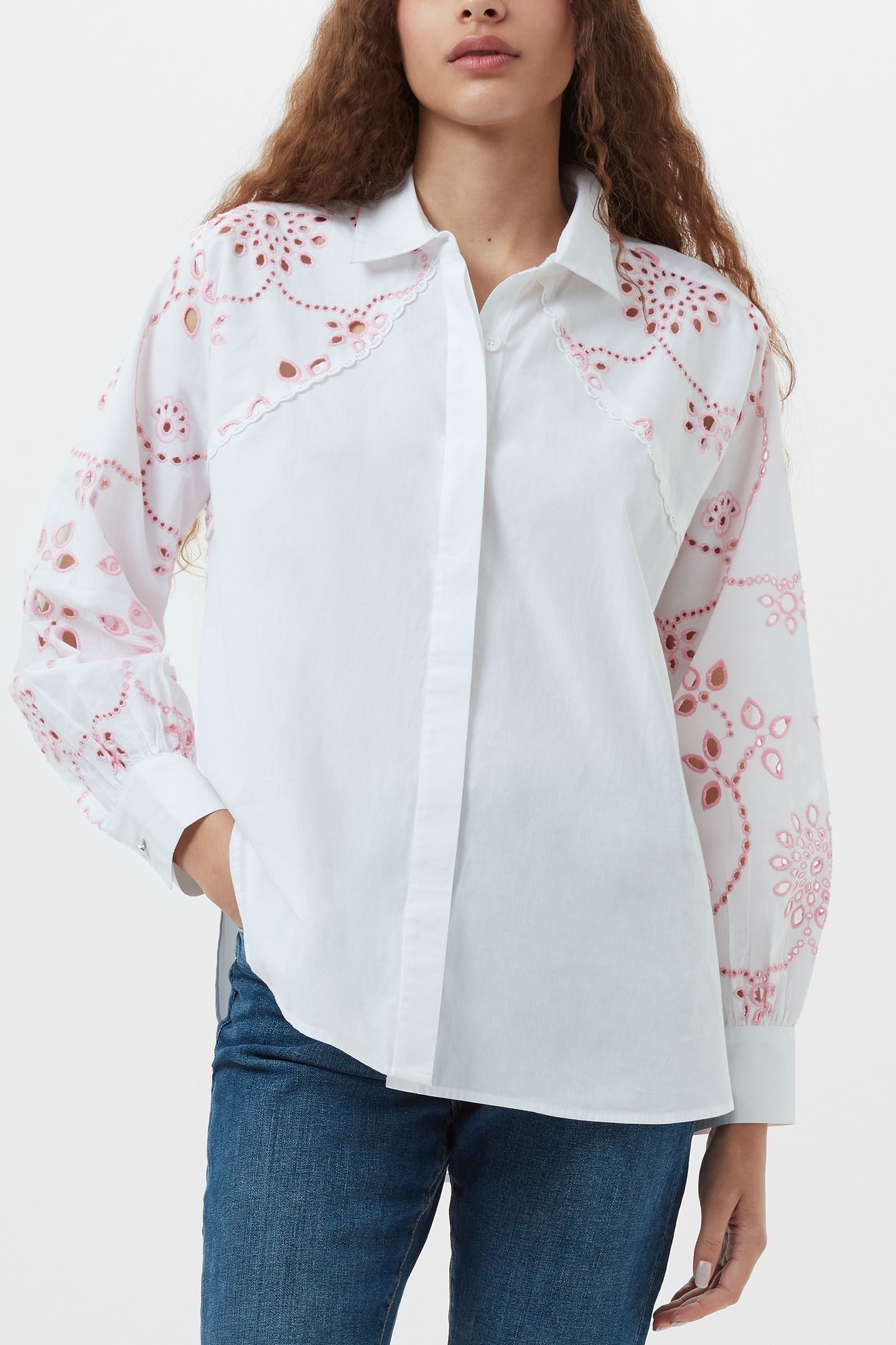 CAMBRIA COTTON EMBROIDERED SHI LINEN WHITE/BUBBLEGU 1