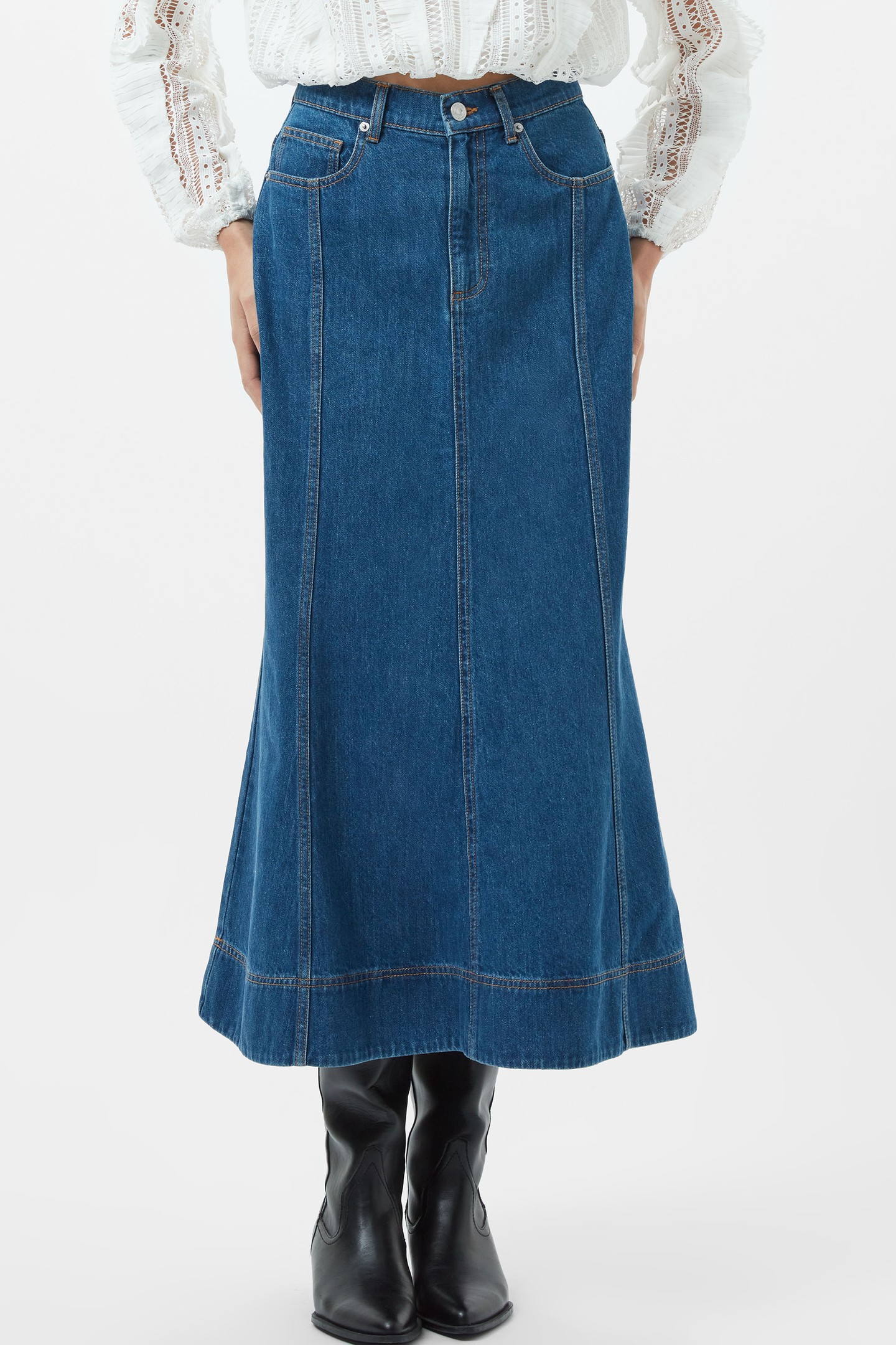 DENVER DENIM FLARE MIDI SKIRT VINTAGE BLUE by French Connection