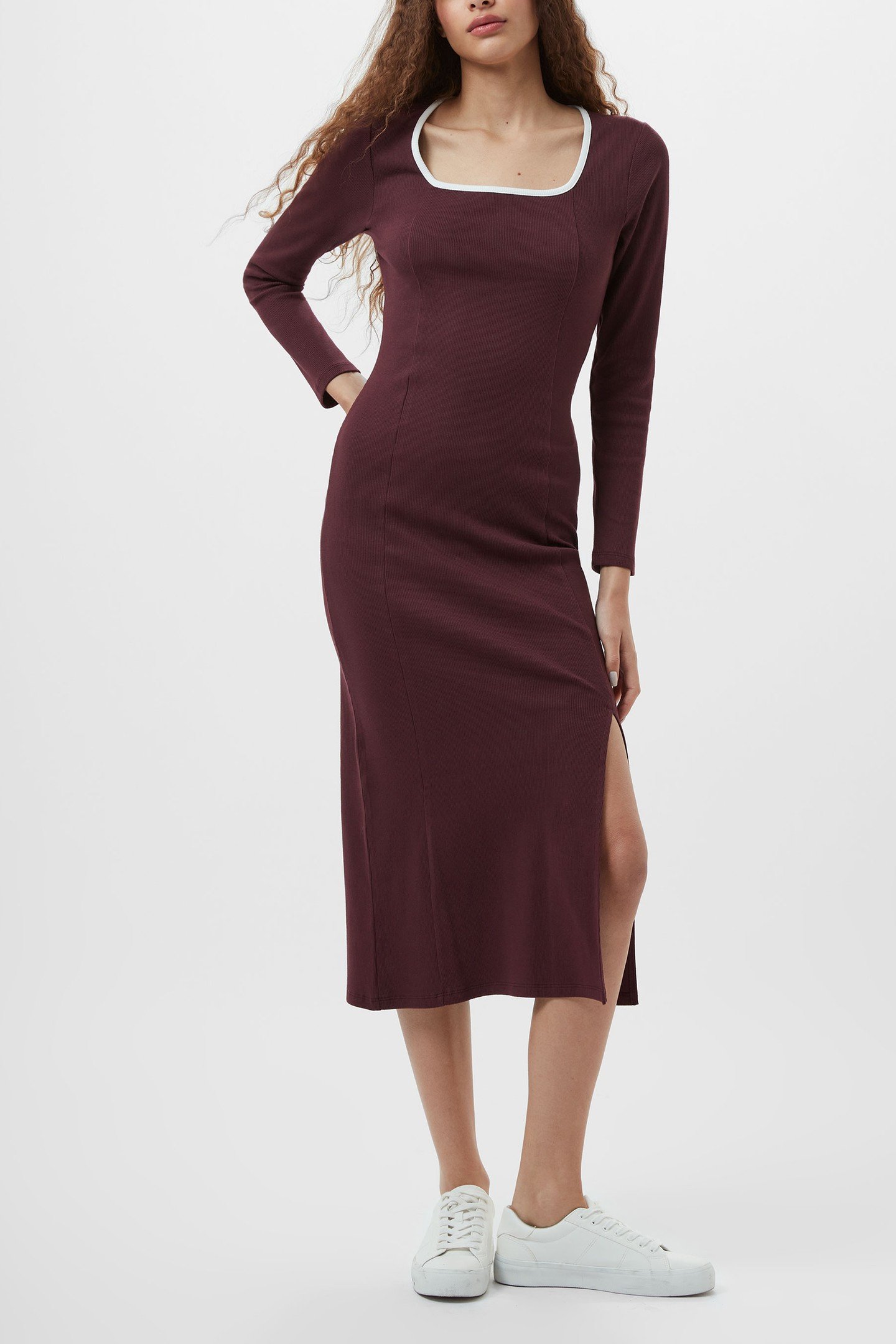 RASSIA RIB SQ NK MIDI DRESS BURGANDY/PORC CREAM 2