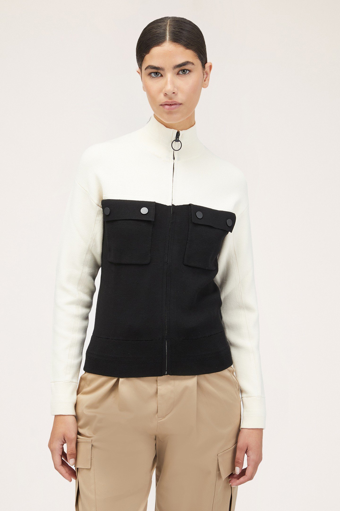 TWO-TONE CARDIGAN WITH POCKETS BLACK 1