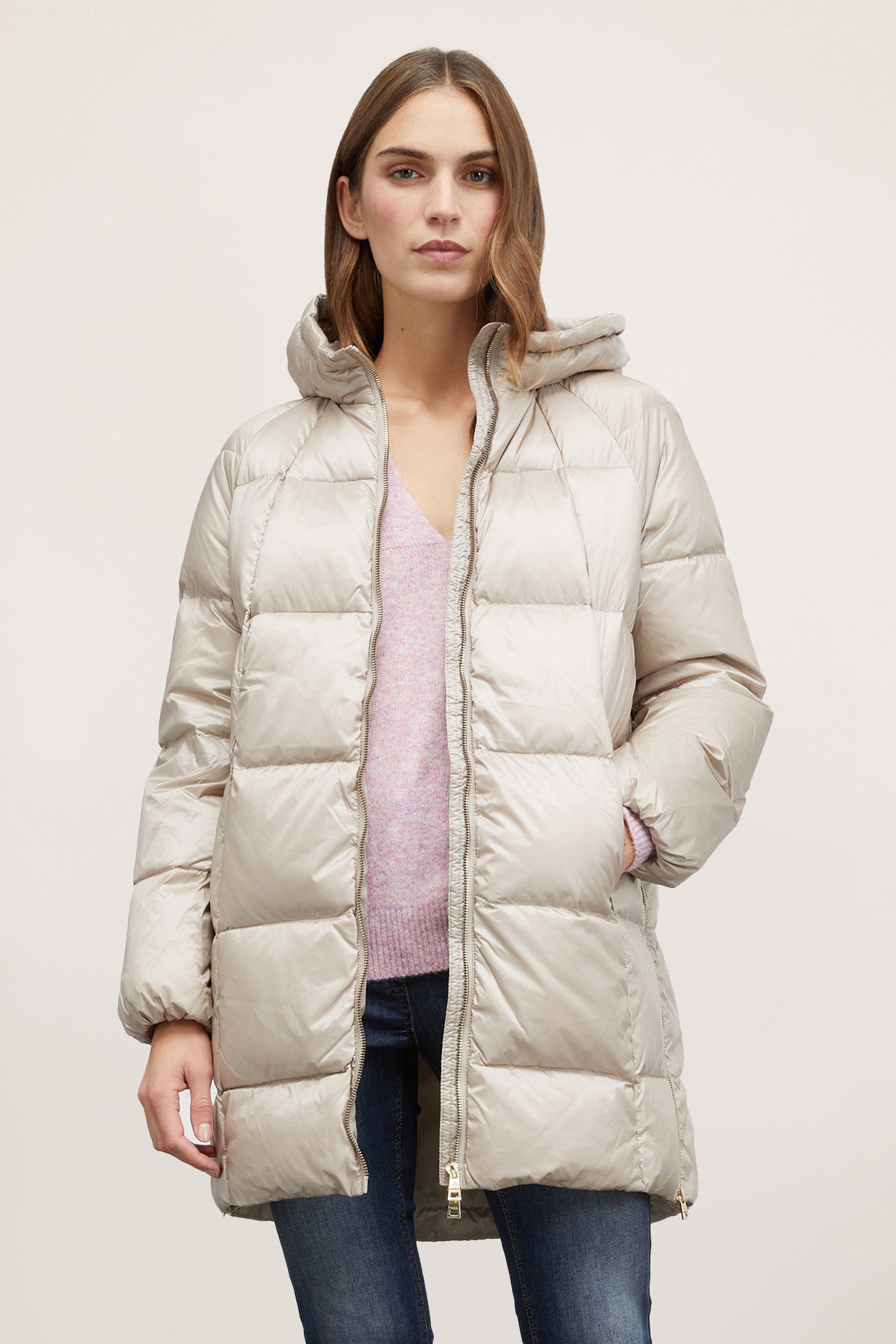 HOODED GENUINE DOWN JACKET WITH COCOON CUT WHITE 1