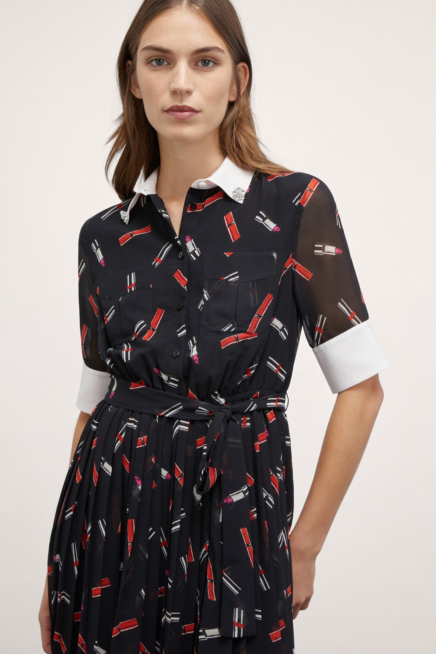 LIPSTICK PATTERN GEORGETTE CHEMISIER DRESS BLACK 2