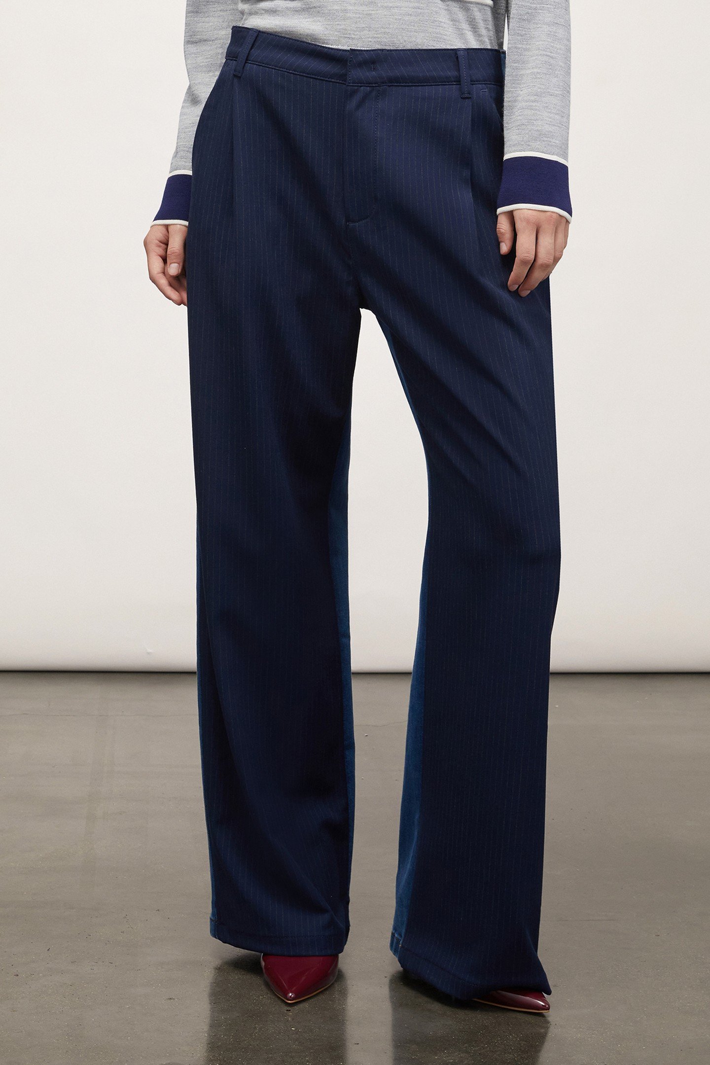 PINSTRIPE PALAZZO TROUSERS WITH DENIM INSERT BLUE 1