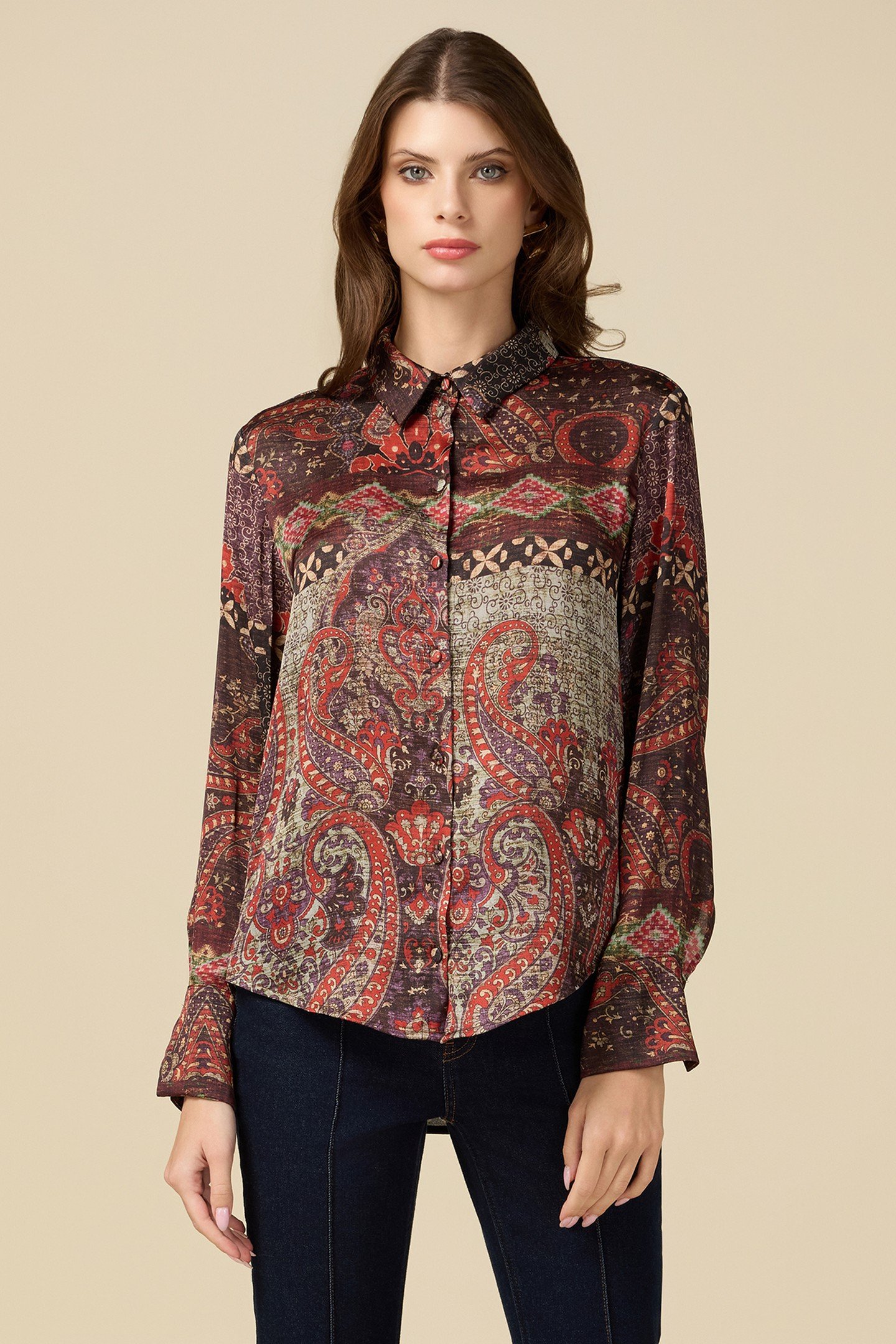 PATTERNED SATIN SHIRT BROWN 1