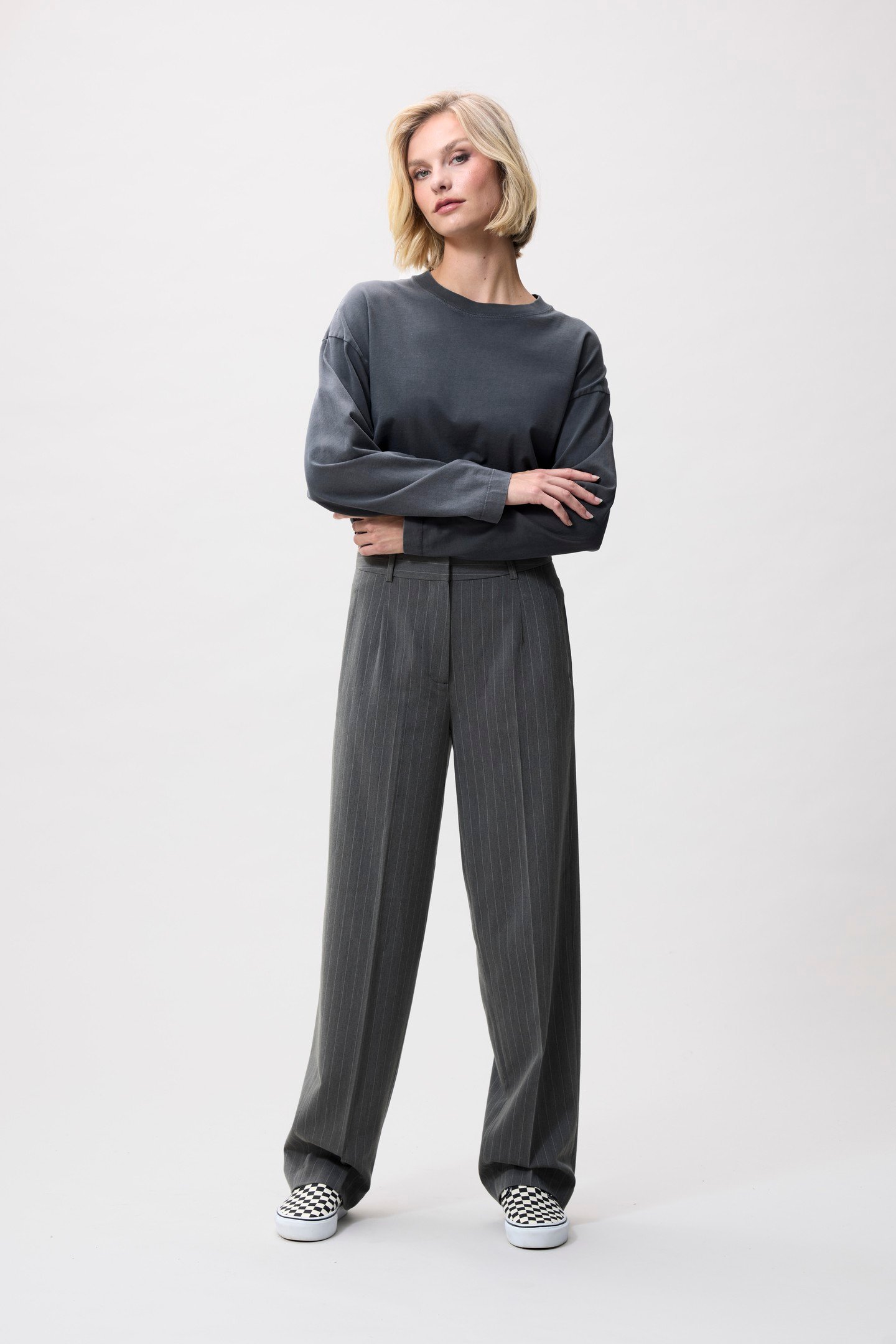 PINSTRIPE TAPERED TROUSERS GREY MELANGE 1