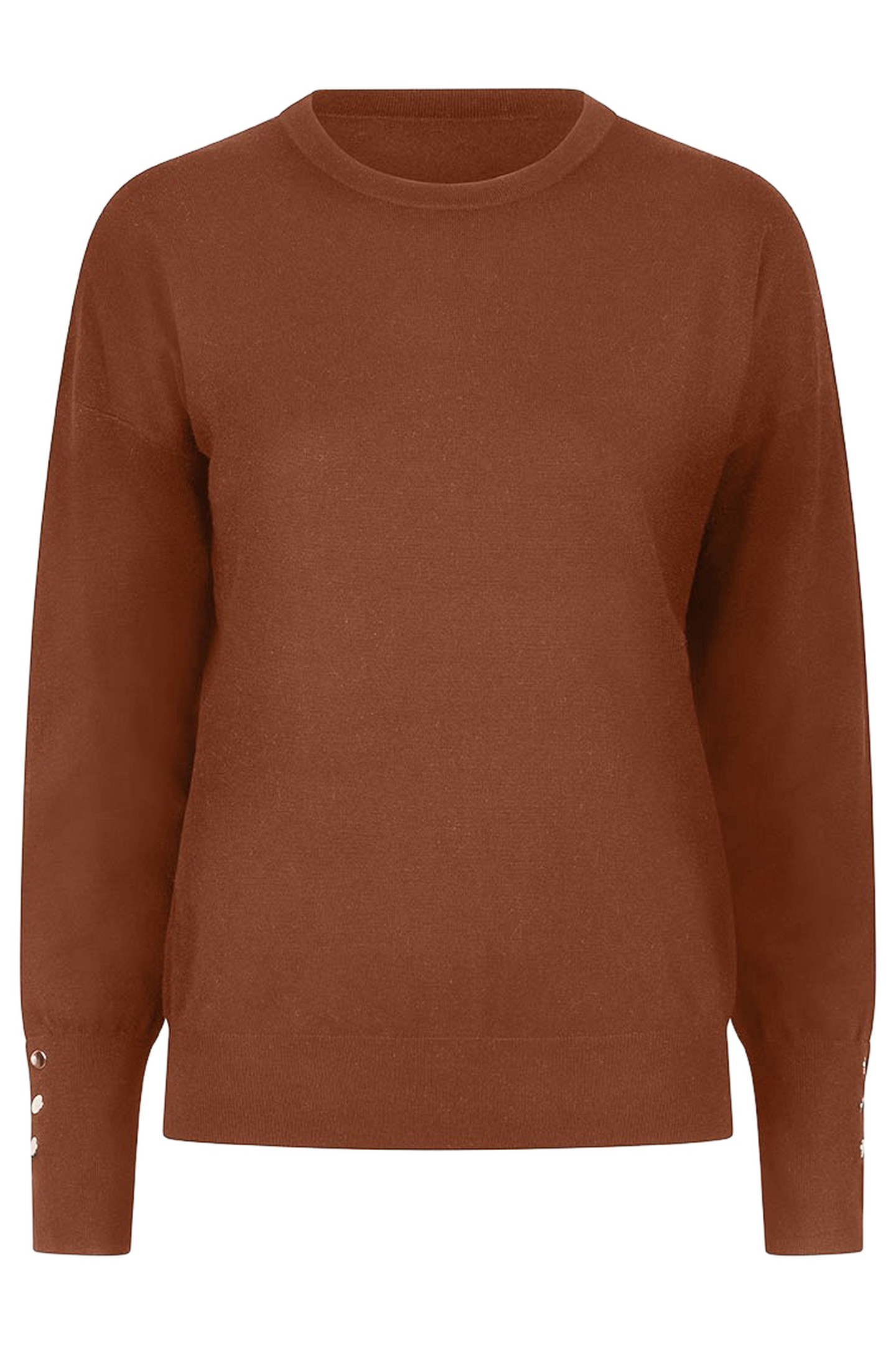 SWEATER R-NECK BUTTONED SLEEVE CUFF BROWN 1