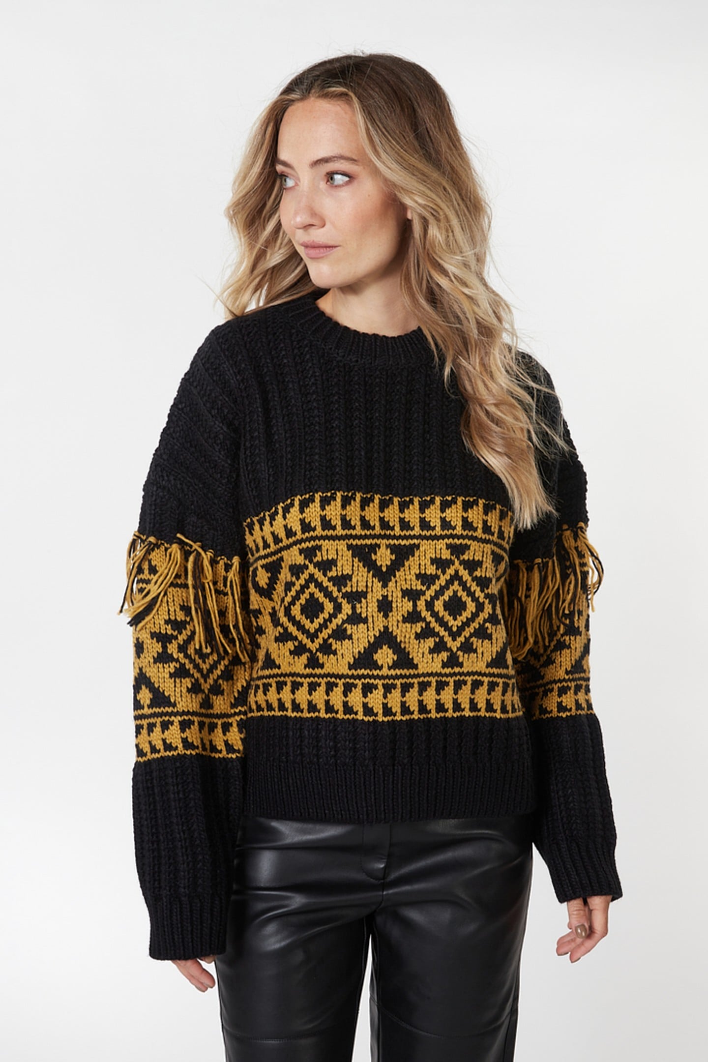 SWEATER JACQUARD FRINGES BLACK / OLIVE 3