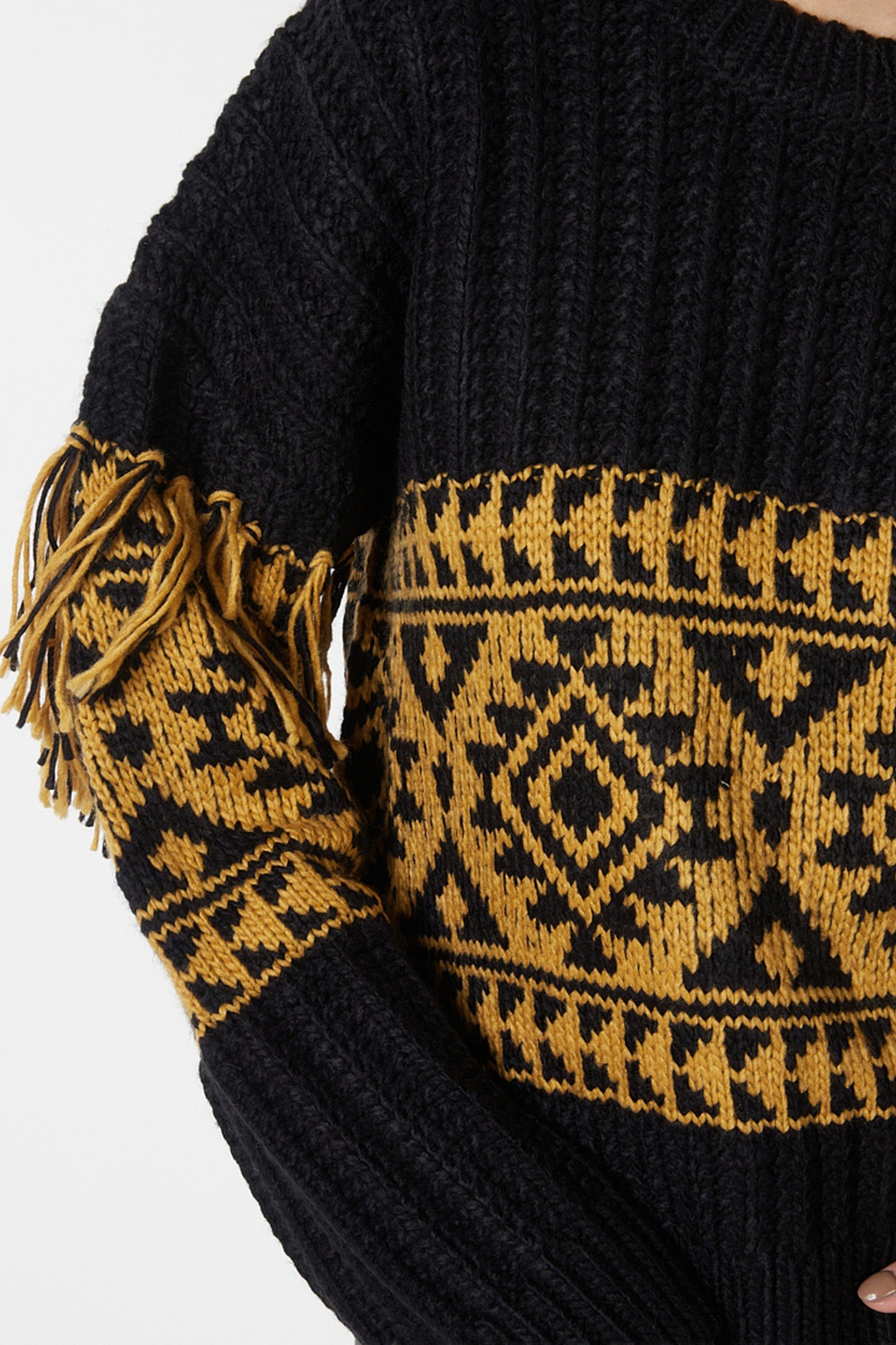 SWEATER JACQUARD FRINGES BLACK / OLIVE 9