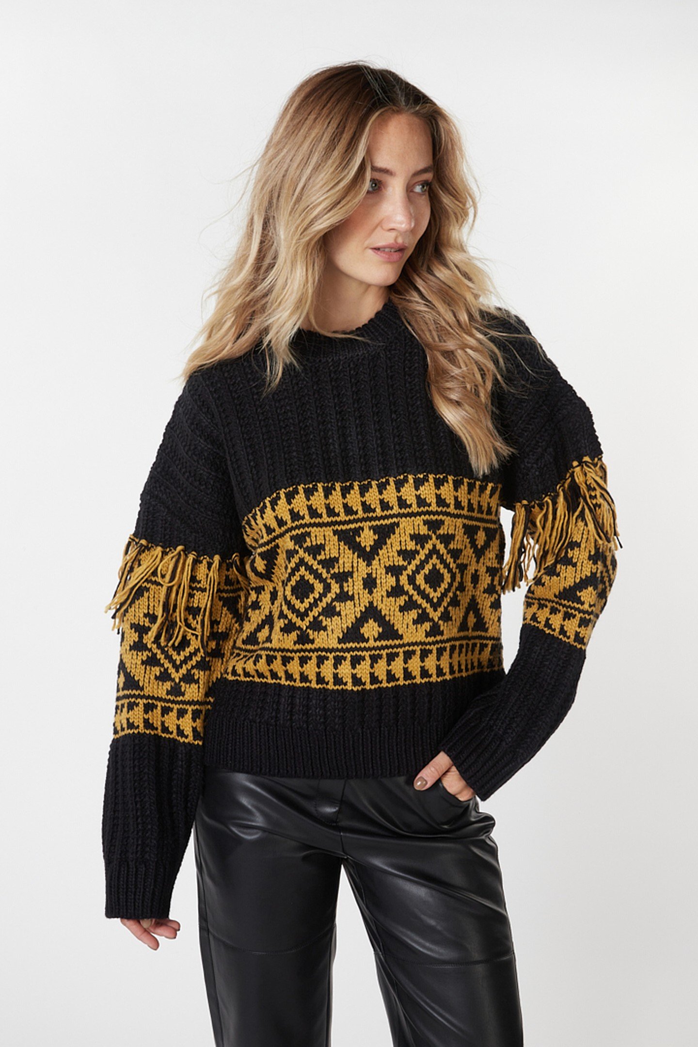 SWEATER JACQUARD FRINGES BLACK / OLIVE 4