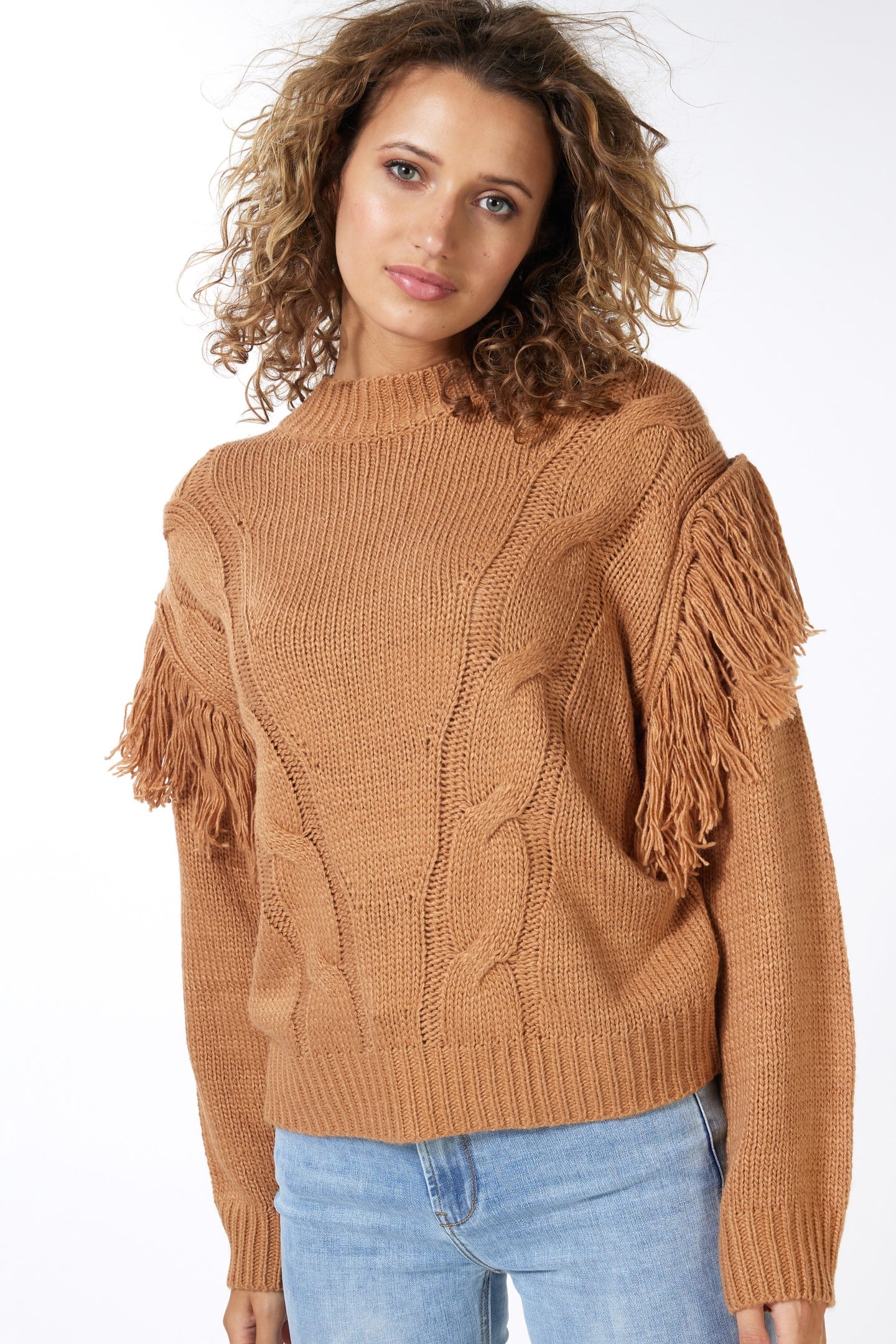 SWEATER CABLE & FRINGES CAMEL 4