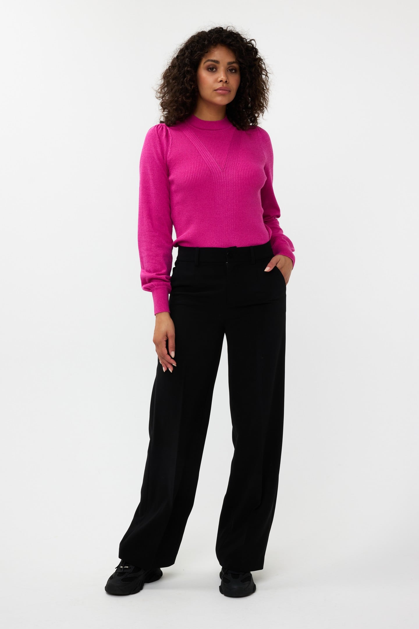 SWEATER MIX RIB V-DETAIL LUREX NEON CERISE 1