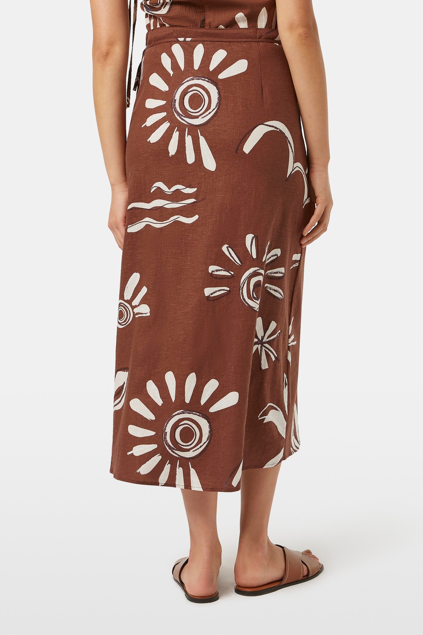 LINEN BLEND PRINTED WRAP SKIRT INKY SUN BROWN 4