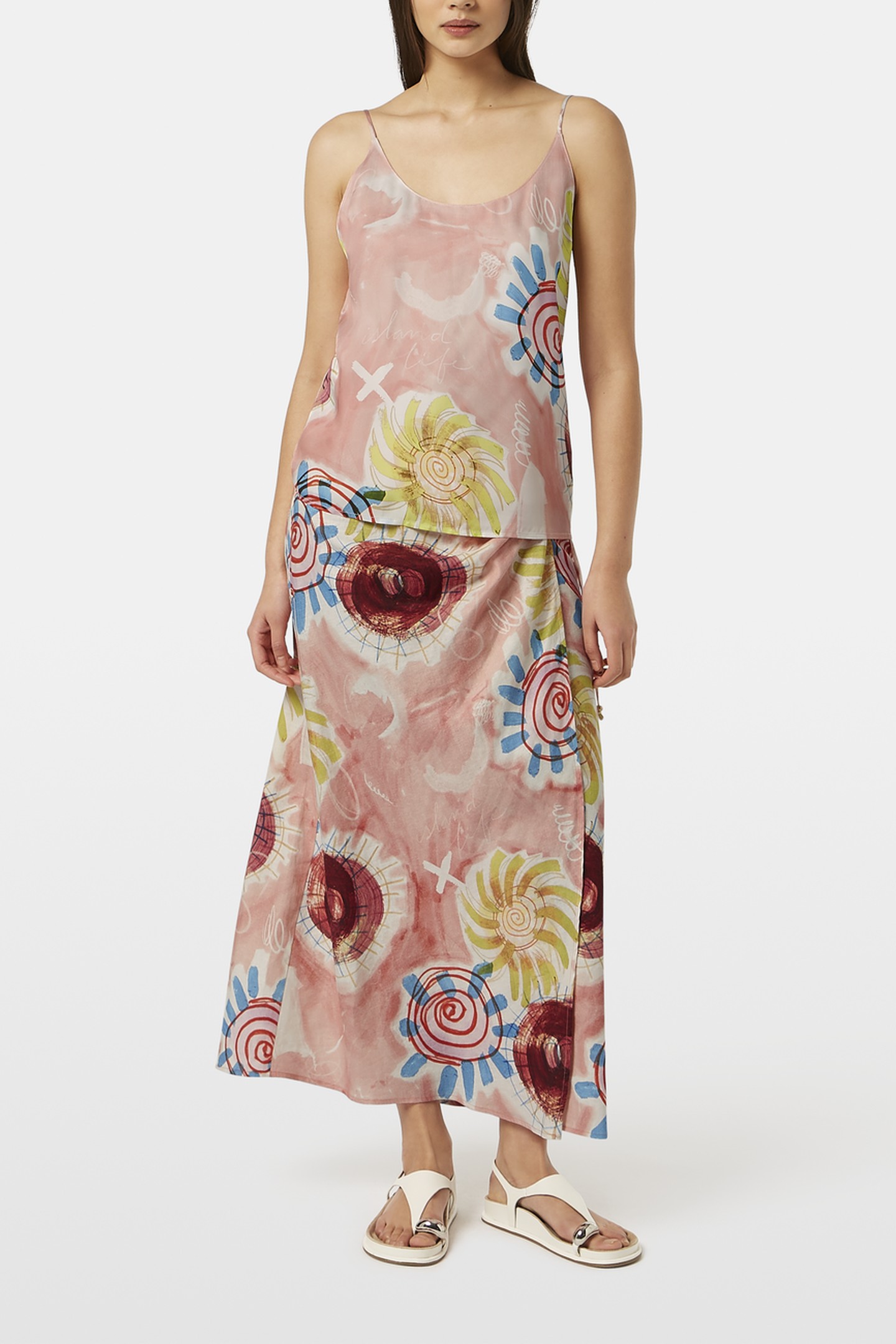 LINEN BLEND PRINTED WRAP SKIRT ABSTRACT SUN PINK 1