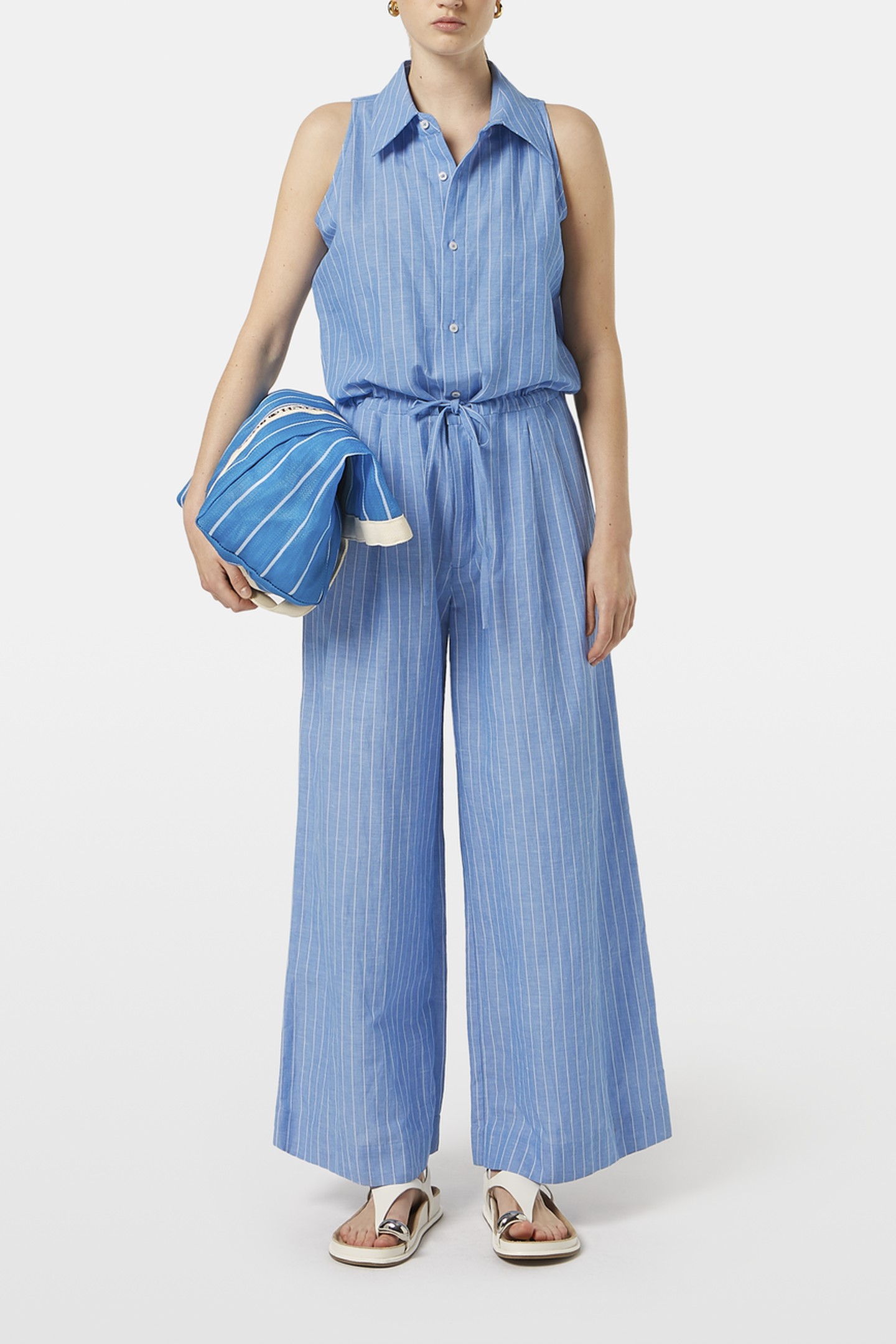 HALTER LINEN JUMPSUIT BLUE AND WHITE PIN STRIPE 1